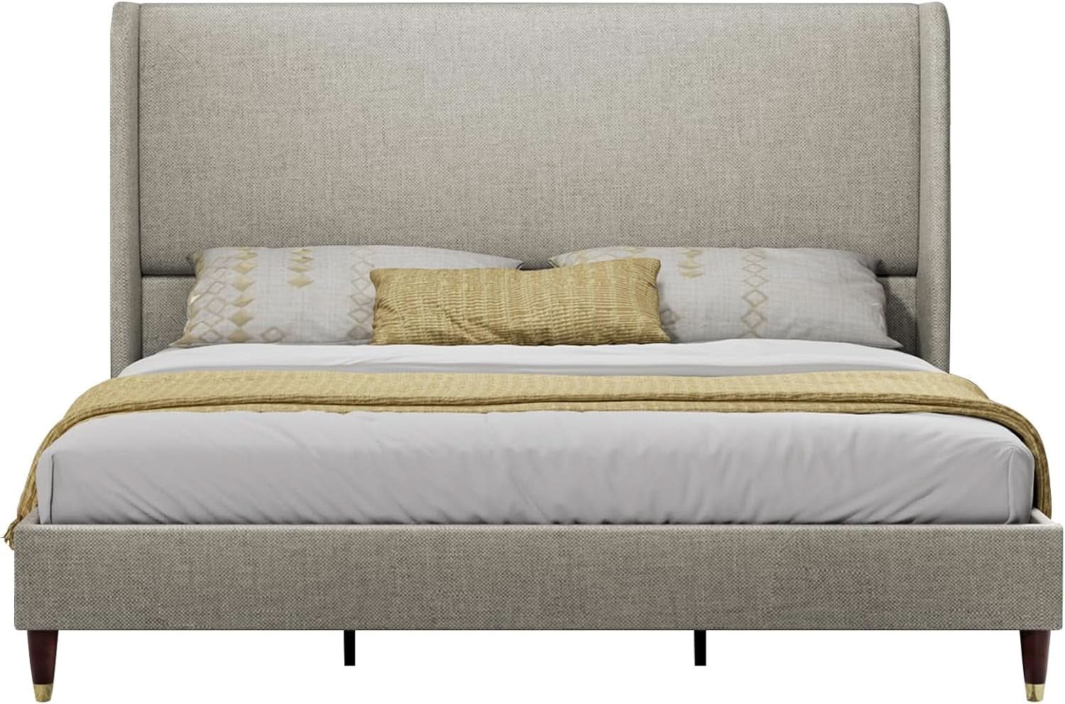 King Size Wingback Headboard Upholstered Bed Frame Khaki