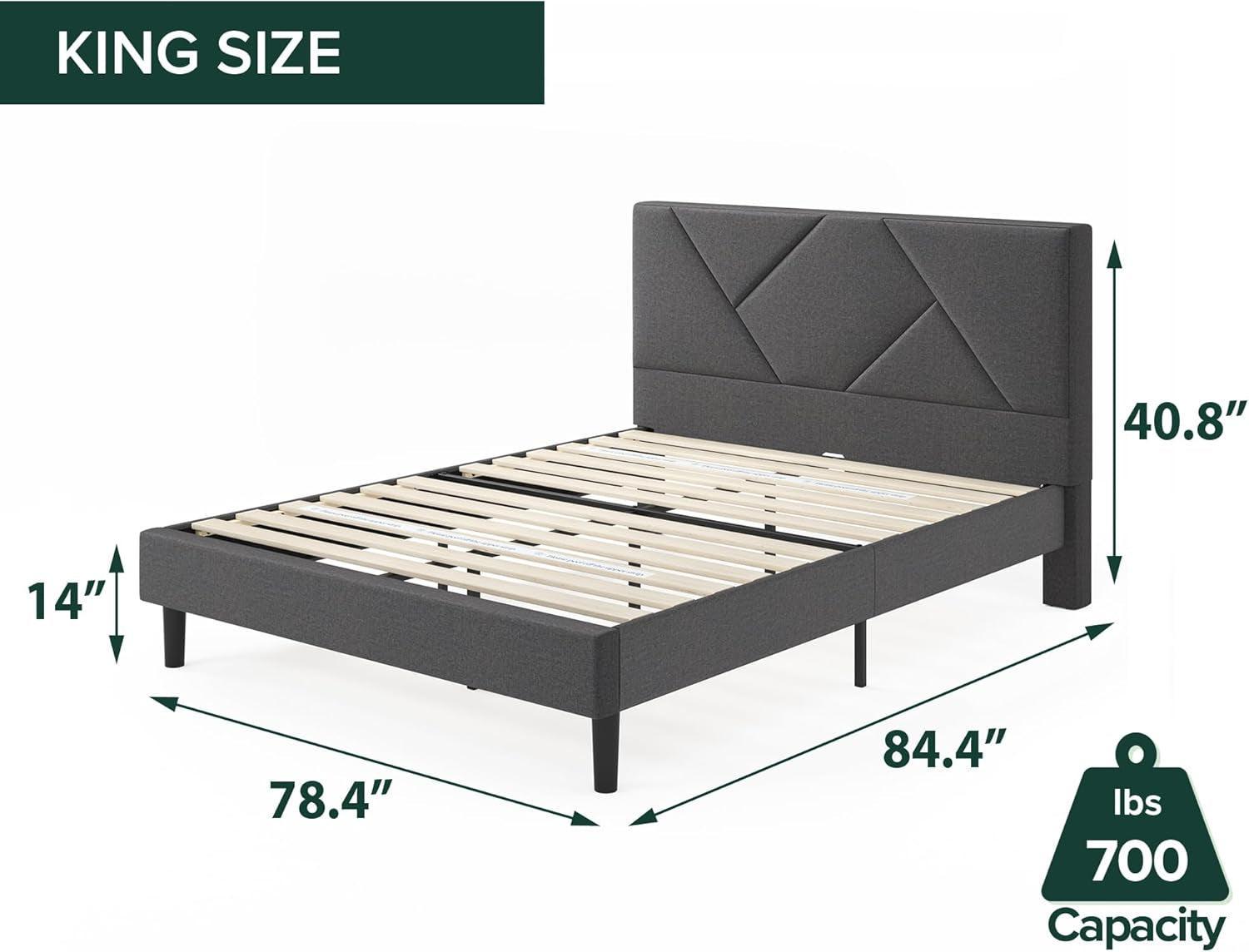 King Upholstered Platform Bed Frame In Dark Grey With Slats