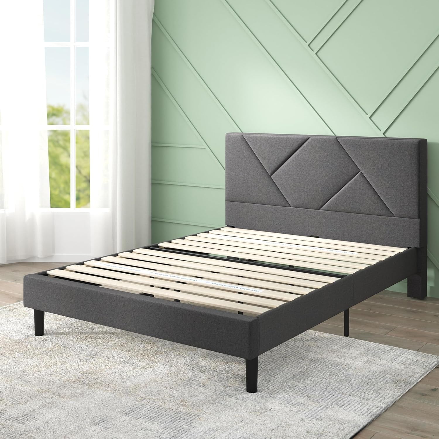King Upholstered Platform Bed Frame In Dark Grey With Slats