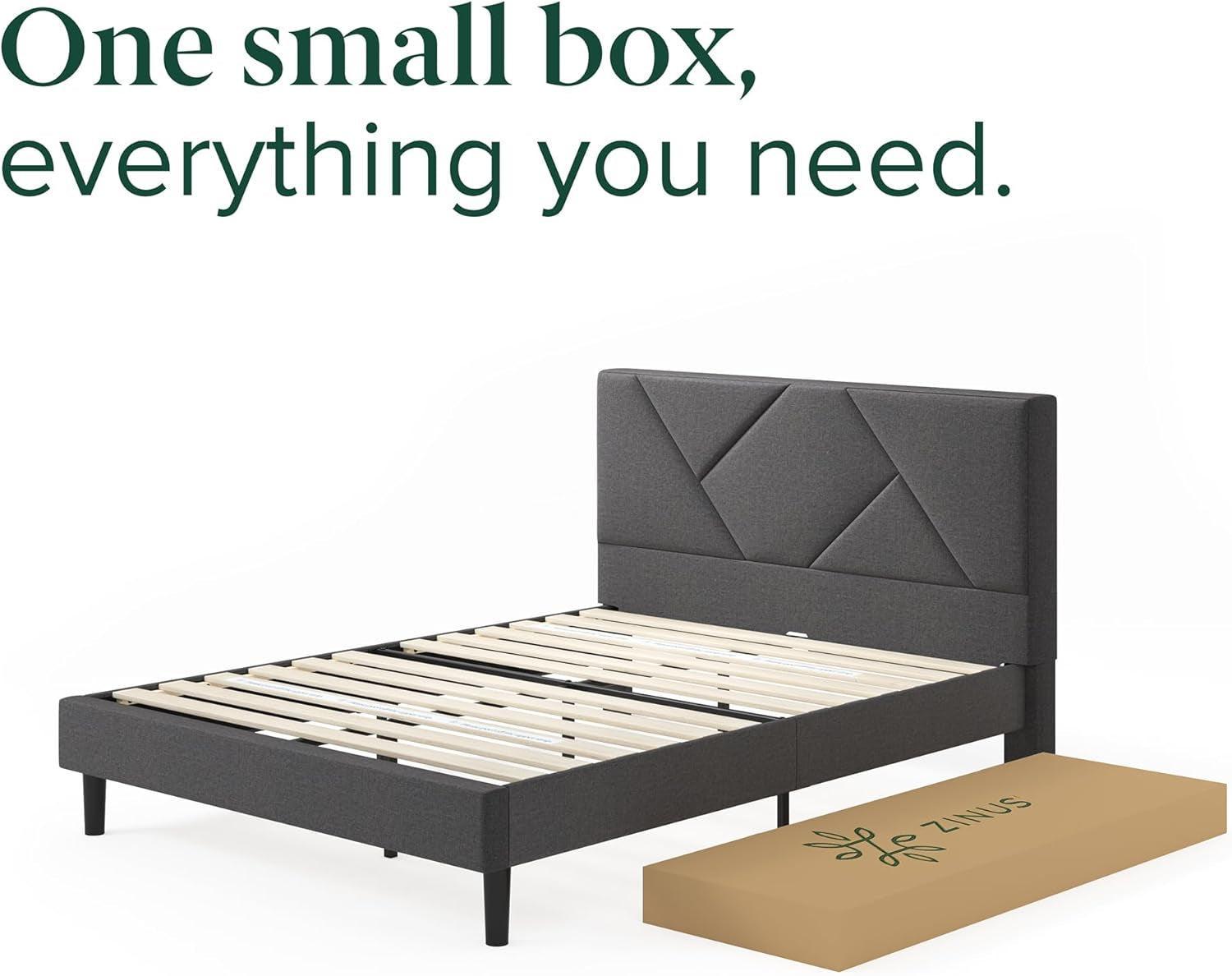 King Upholstered Platform Bed Frame In Dark Grey With Slats