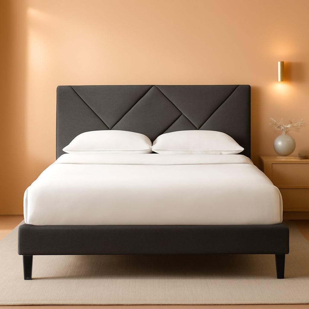 King Upholstered Platform Bed Frame In Dark Grey With Slats