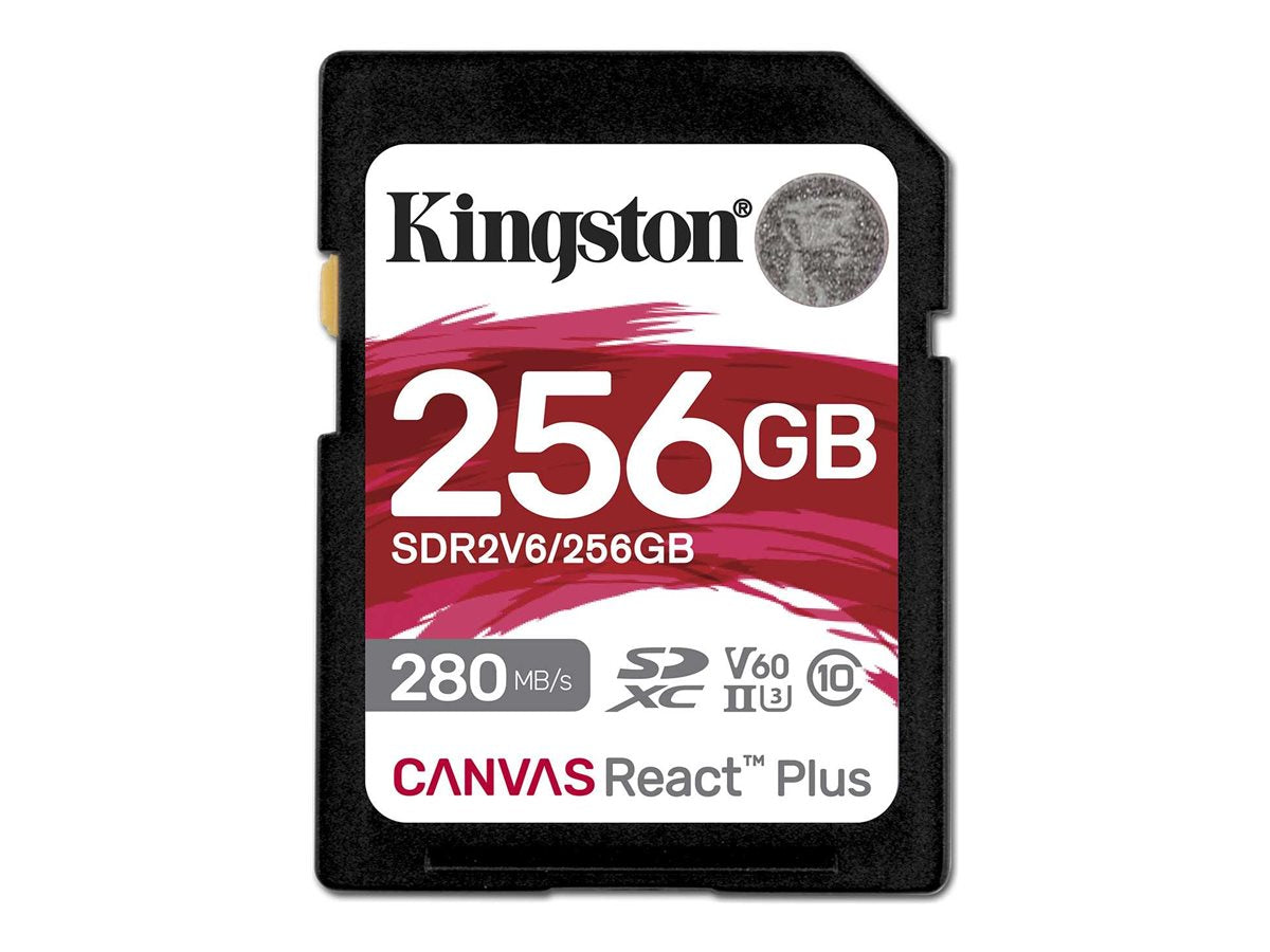 Kingston Canvas React Plus - Flash memory card - 256 GB - Video Class V60 / UHS-II U3 / Class10 - SDXC UHS-II SDR2V6/256GB