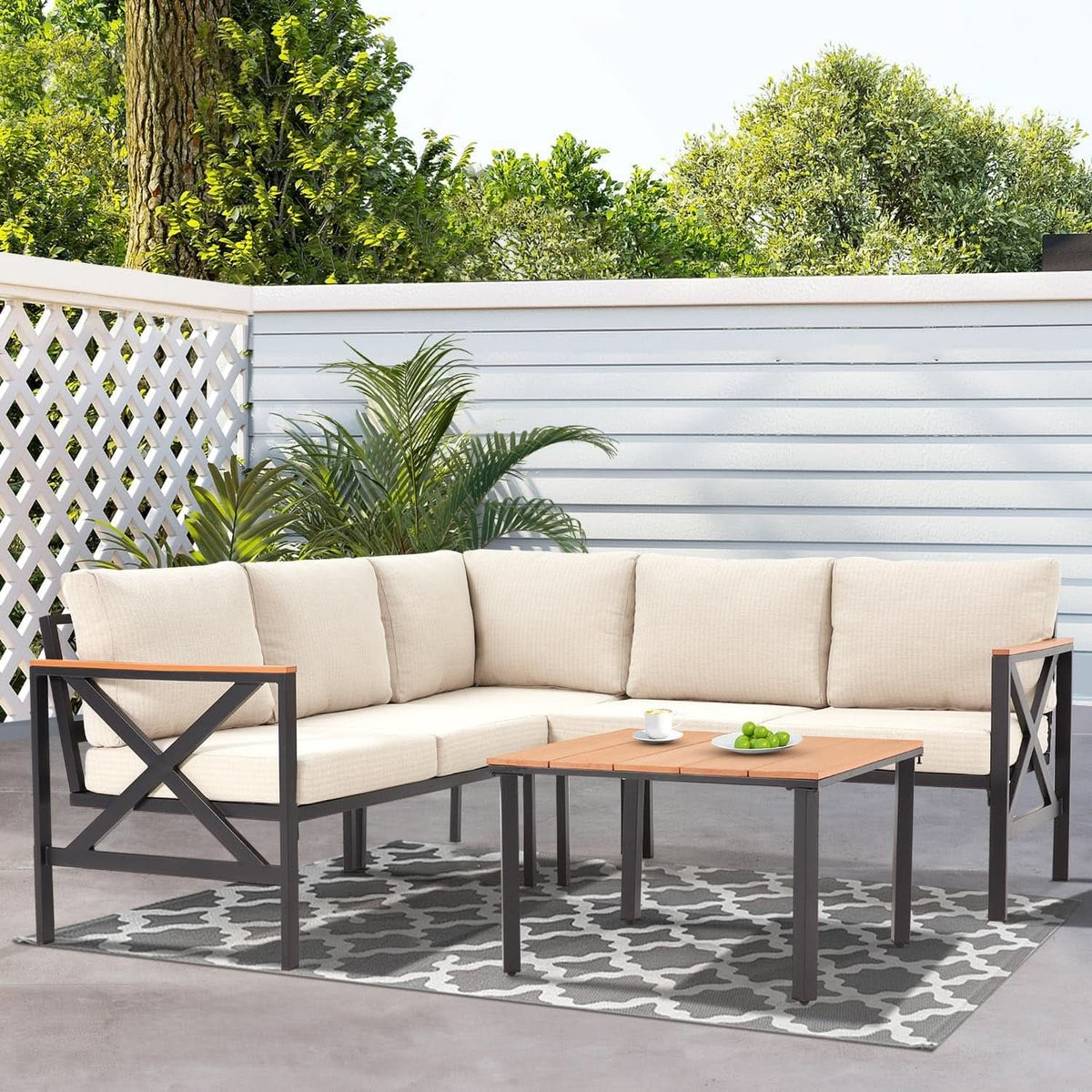 L Shape Metal Patio Furniture Set with Cushions