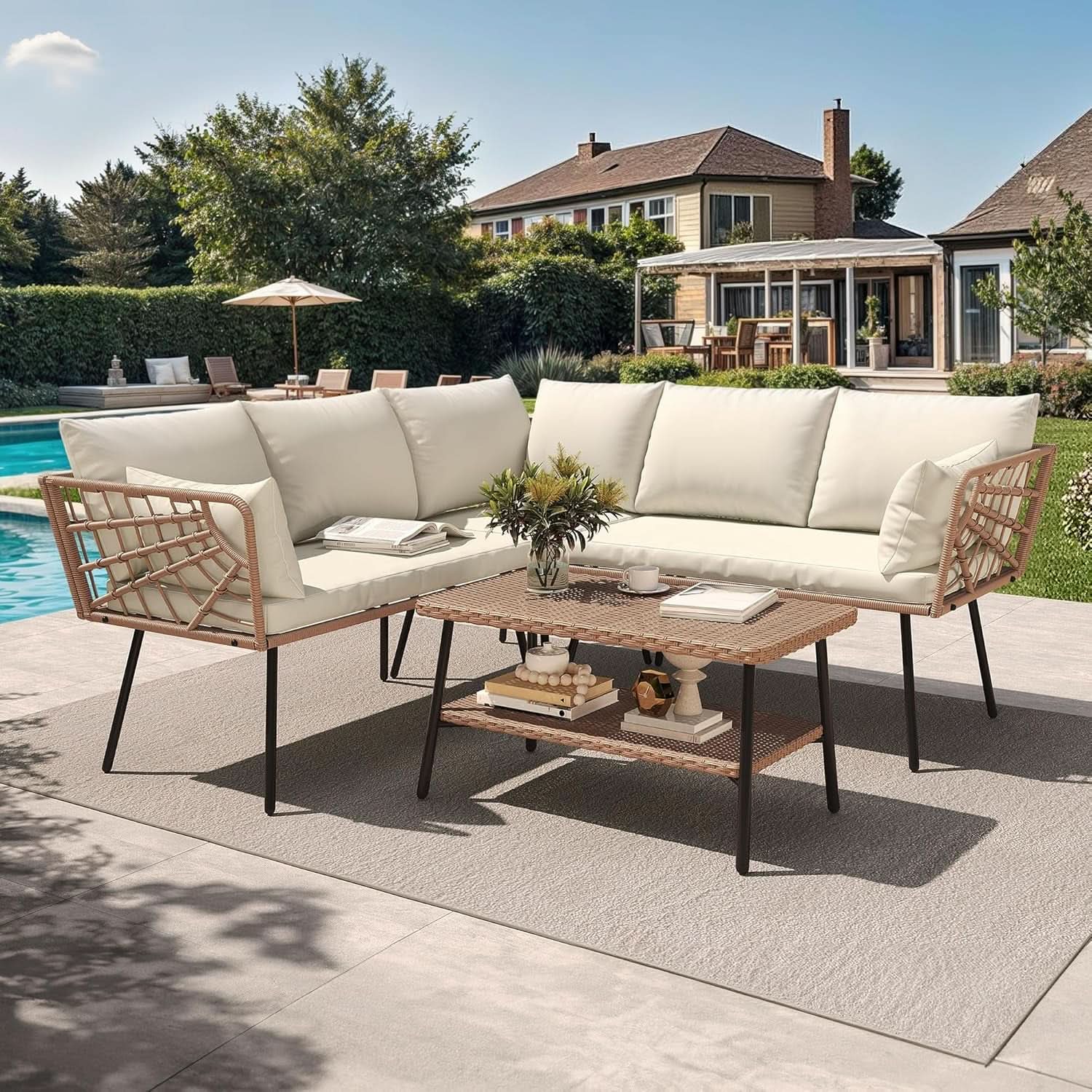 L Shape Outdoor Couch Set with Thick Cushions