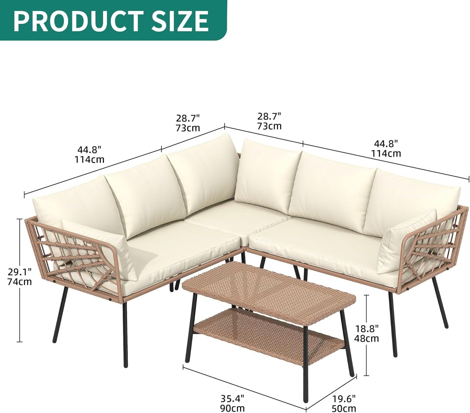 L Shape Outdoor Couch Set with Thick Cushions