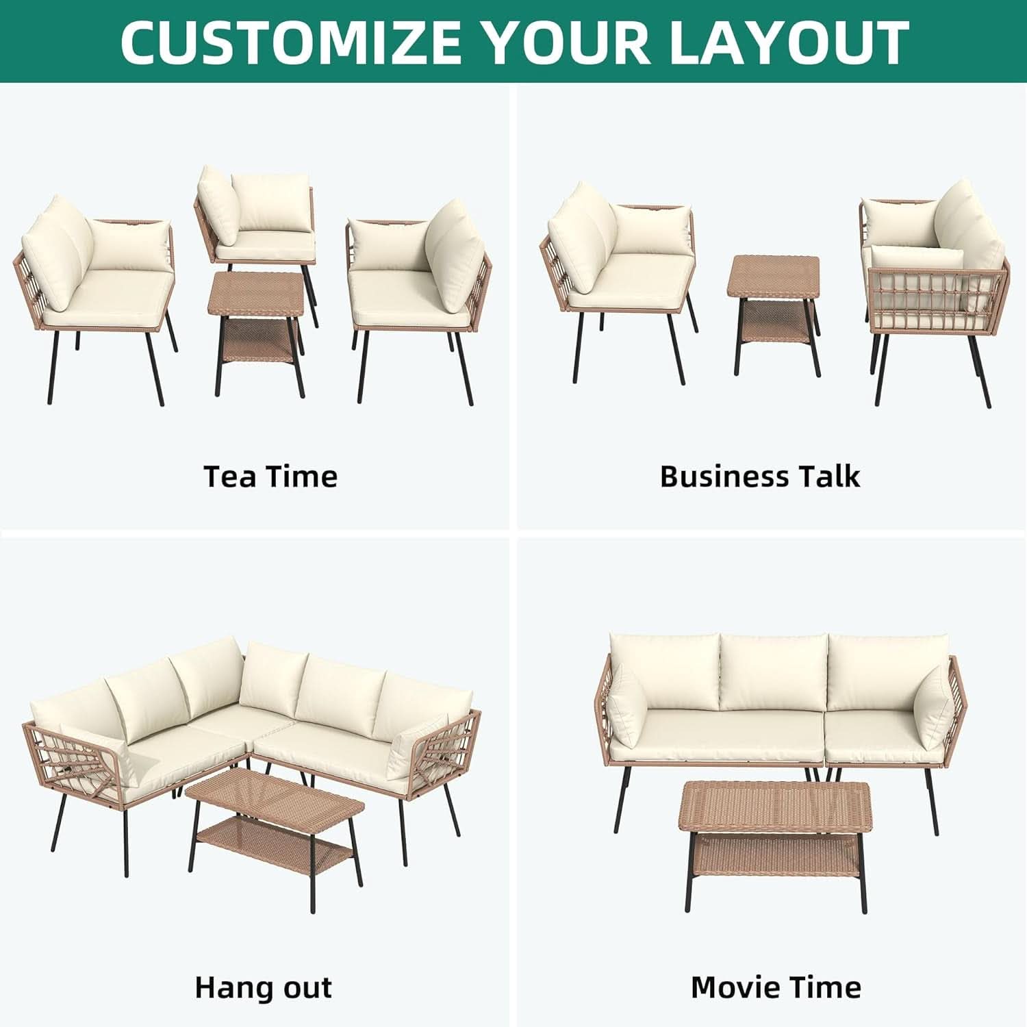 L Shape Outdoor Couch Set with Thick Cushions