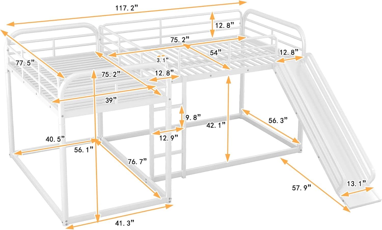L Shape Quad Bunk Bed With Slide For Four Kids White