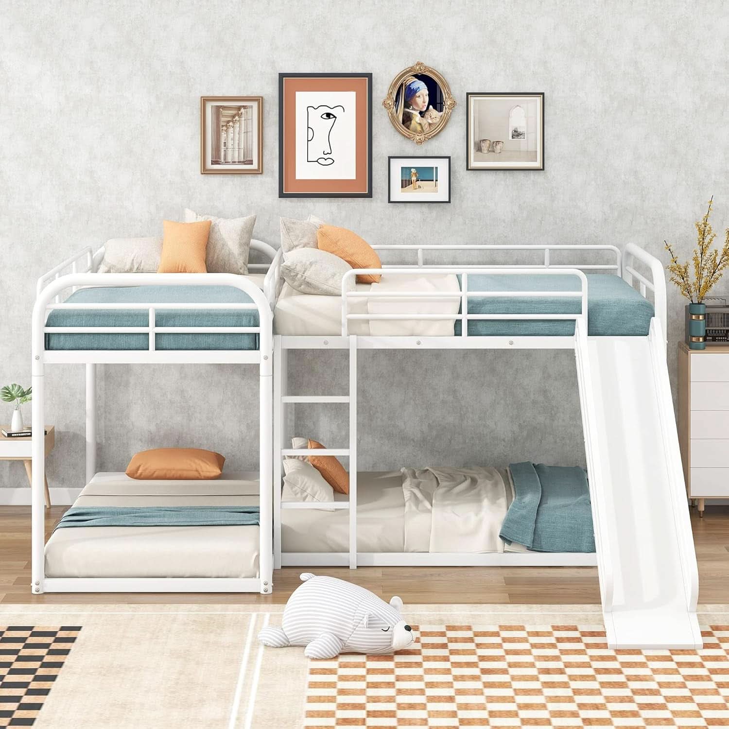 L Shape Quad Bunk Bed With Slide For Four Kids White