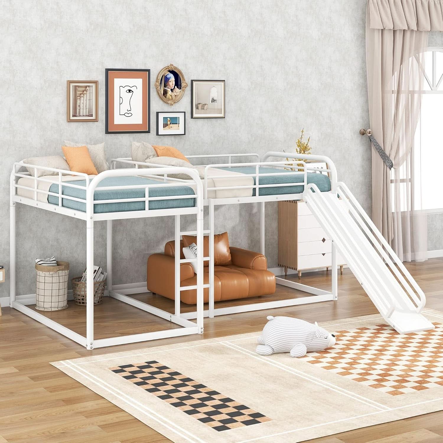 L Shape Quad Bunk Bed With Slide For Four Kids White