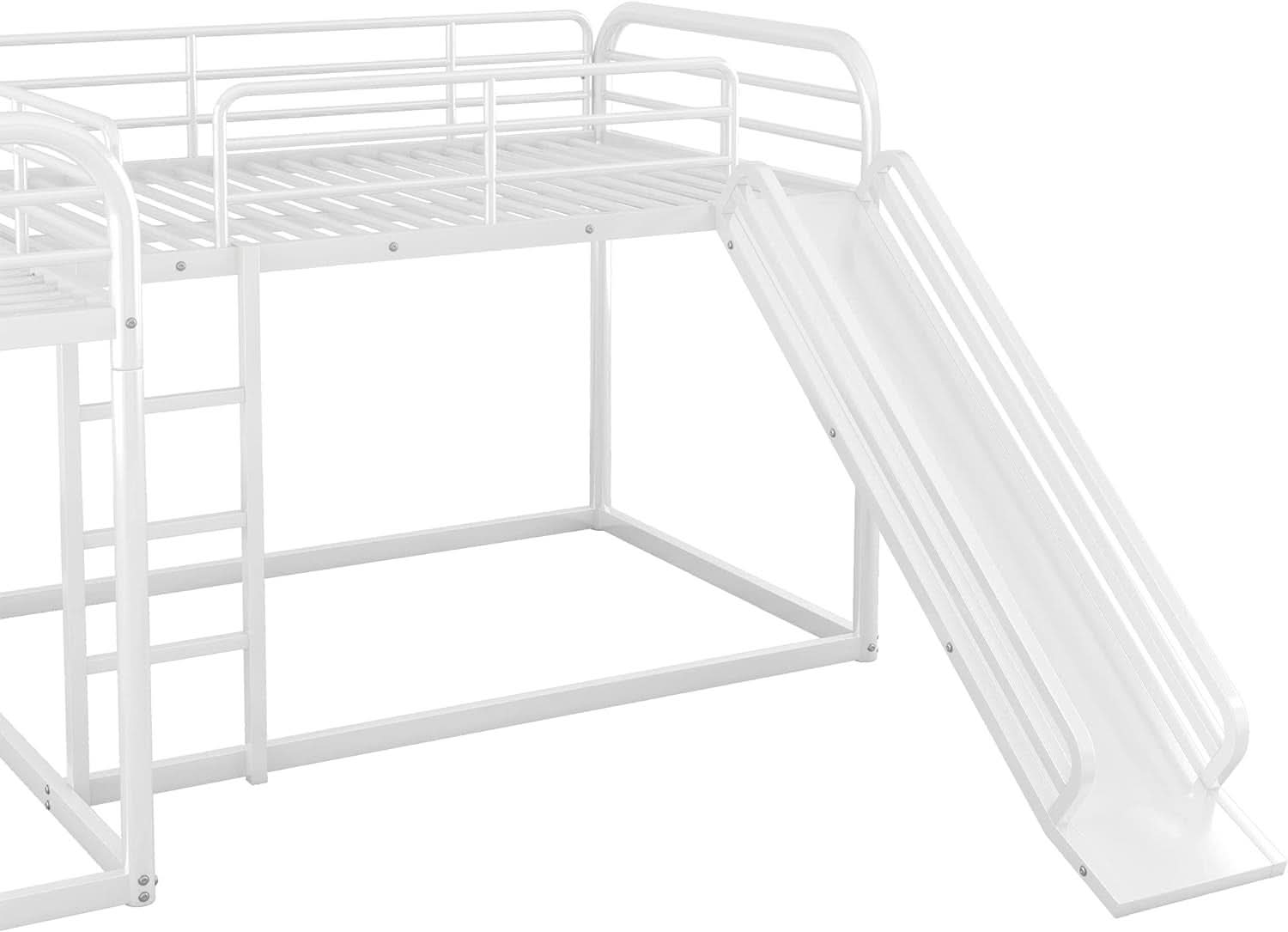 L Shape Quad Bunk Bed With Slide For Four Kids White