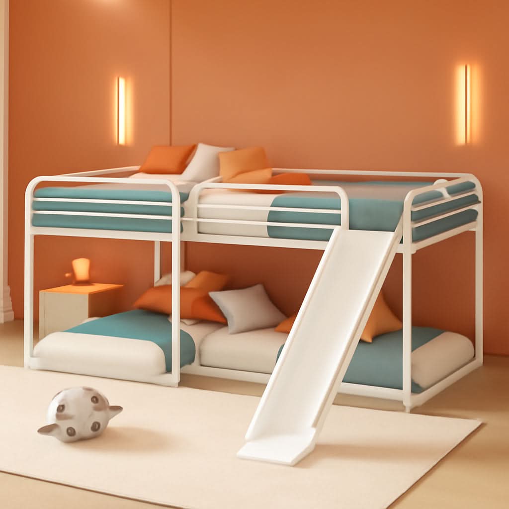 L Shape Quad Bunk Bed With Slide For Four Kids White