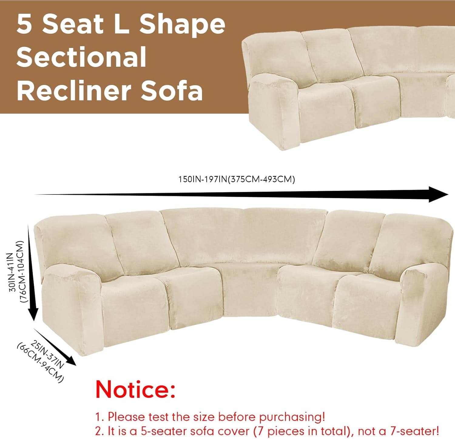L Shape Sectional Recliner Sofa Cover 5 Seat Beige Velvet Slipcover