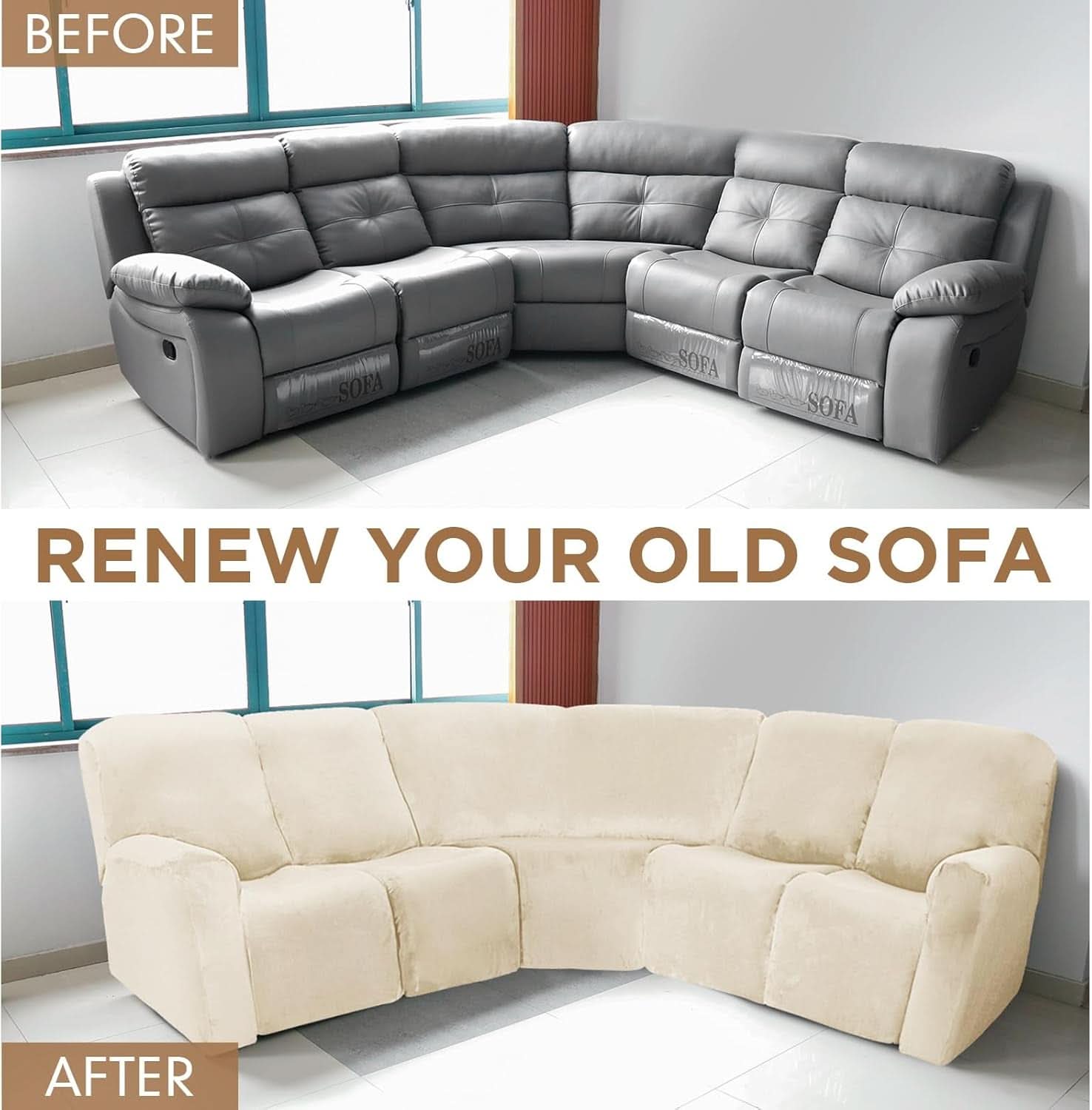 L Shape Sectional Recliner Sofa Cover 5 Seat Beige Velvet Slipcover
