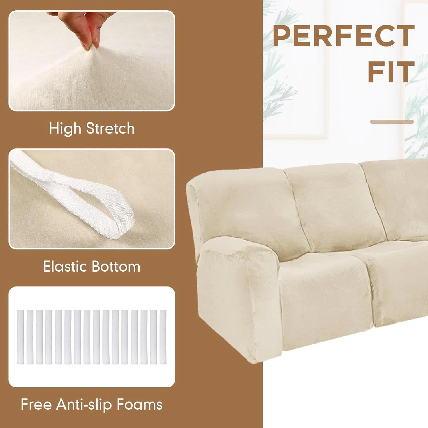 L Shape Sectional Recliner Sofa Cover 5 Seat Beige Velvet Slipcover