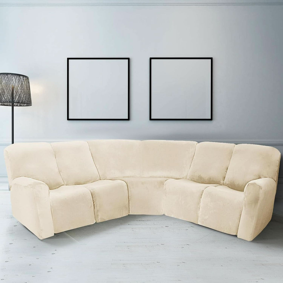 L Shape Sectional Recliner Sofa Cover 5 Seat Beige Velvet Slipcover
