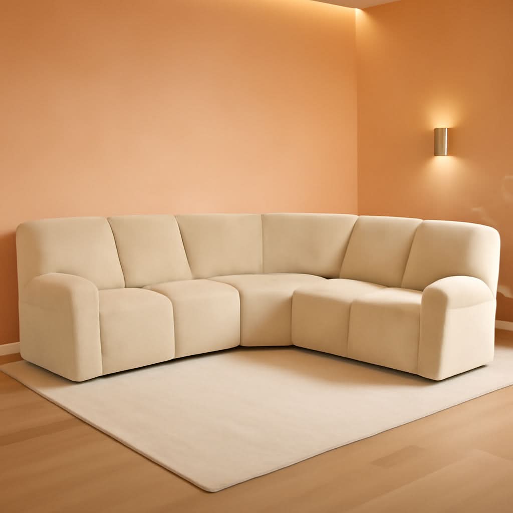 L Shape Sectional Recliner Sofa Cover 5 Seat Beige Velvet Slipcover