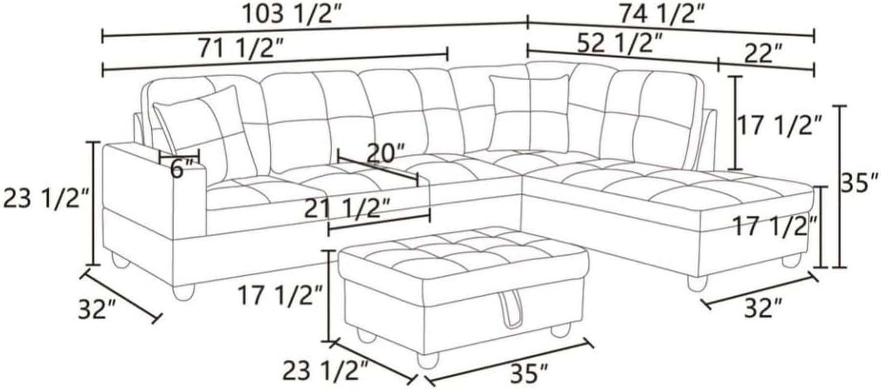 L Shaped 3 Piece Flannel Sofa With Storage Ottoman Grey