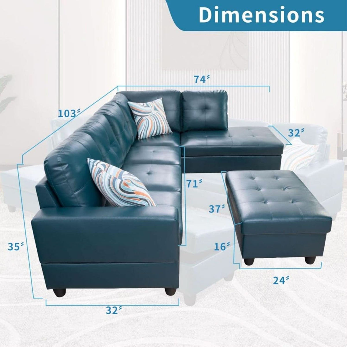 L Shaped 3 Piece PU Leather Sofa Set Peacock Blue Ottoman