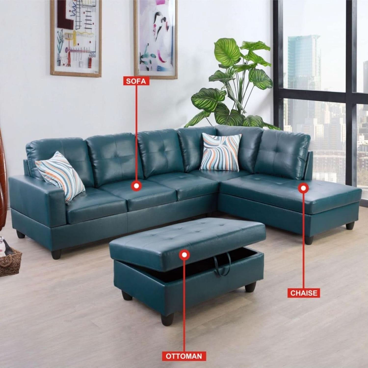 L Shaped 3 Piece PU Leather Sofa Set Peacock Blue Ottoman