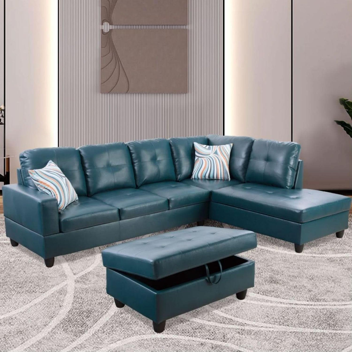 L Shaped 3 Piece PU Leather Sofa Set Peacock Blue Ottoman