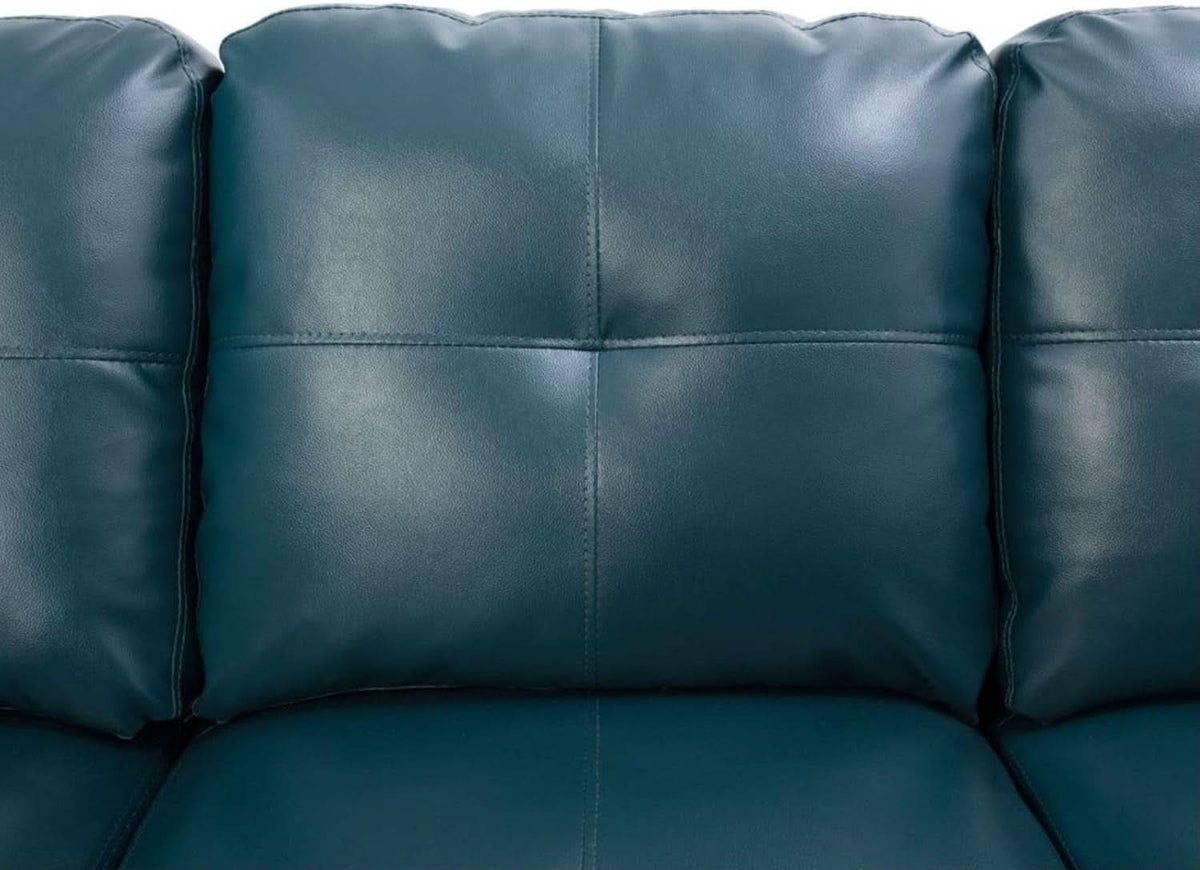 L Shaped 3 Piece PU Leather Sofa Set Peacock Blue Ottoman