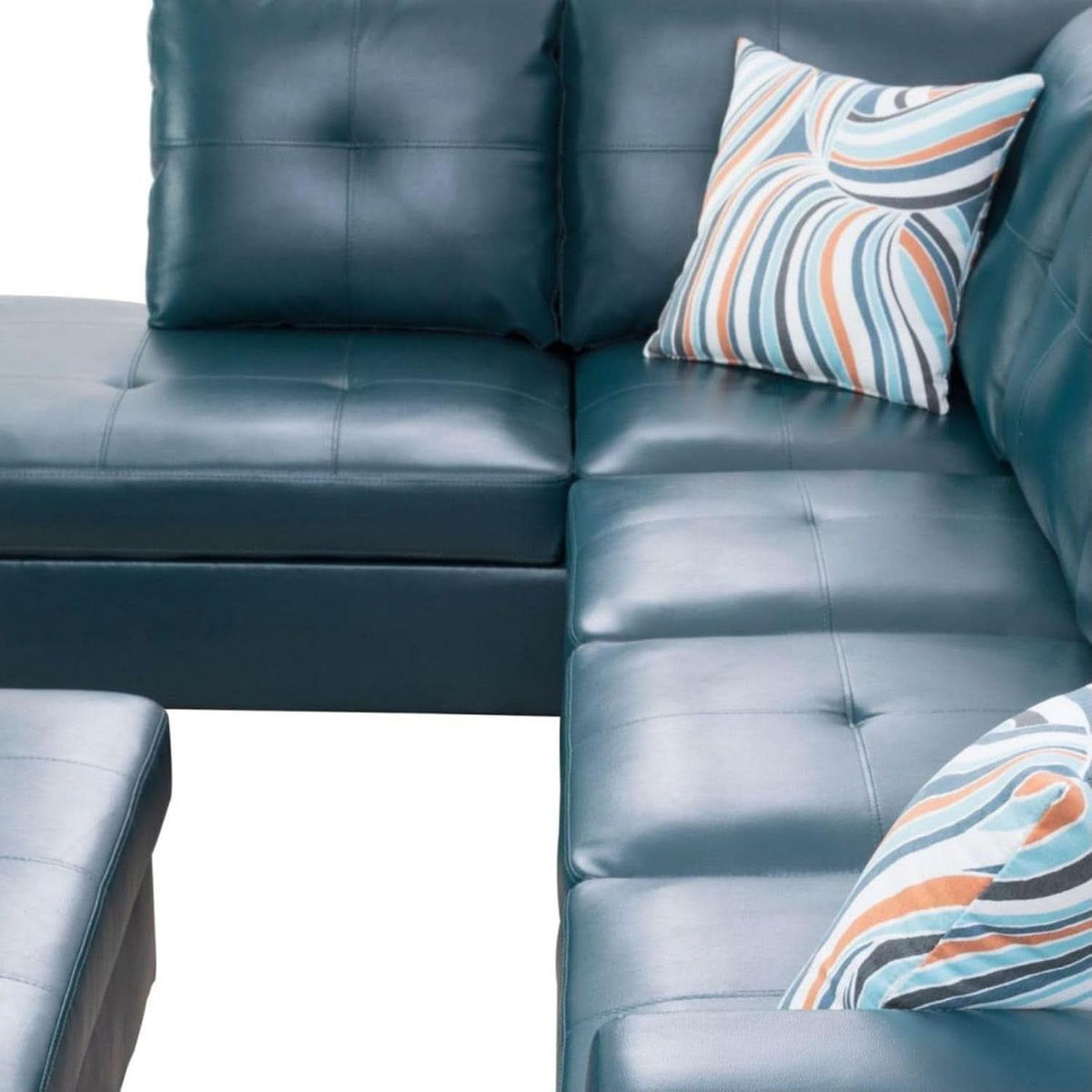 L Shaped 3 Piece PU Leather Sofa Set Peacock Blue Ottoman