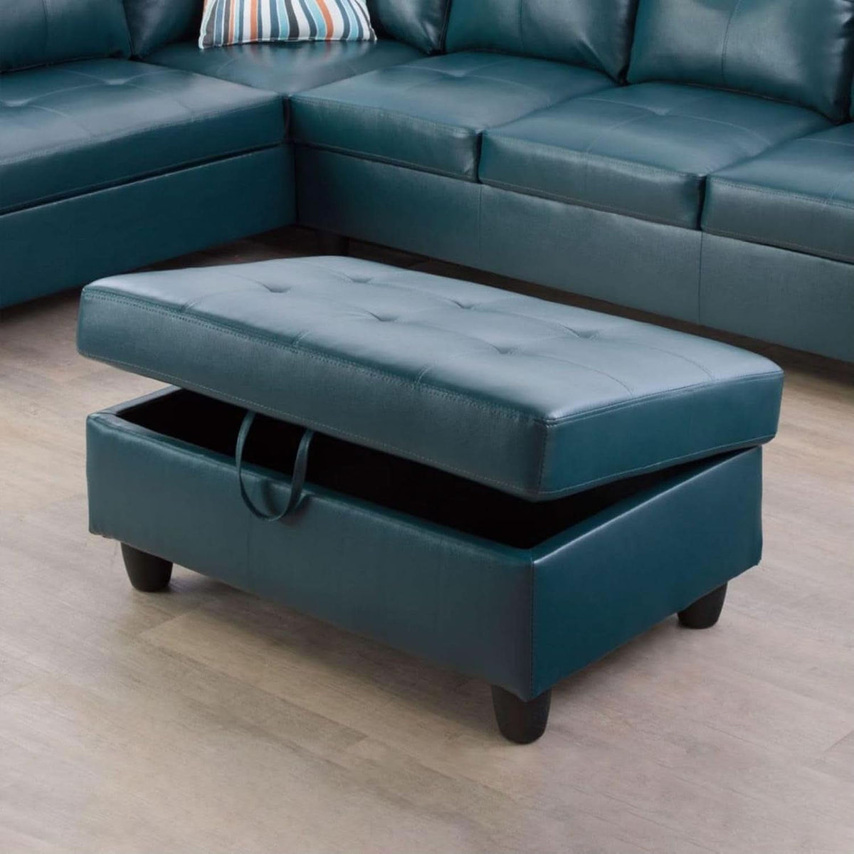 L Shaped 3 Piece PU Leather Sofa Set Peacock Blue Ottoman