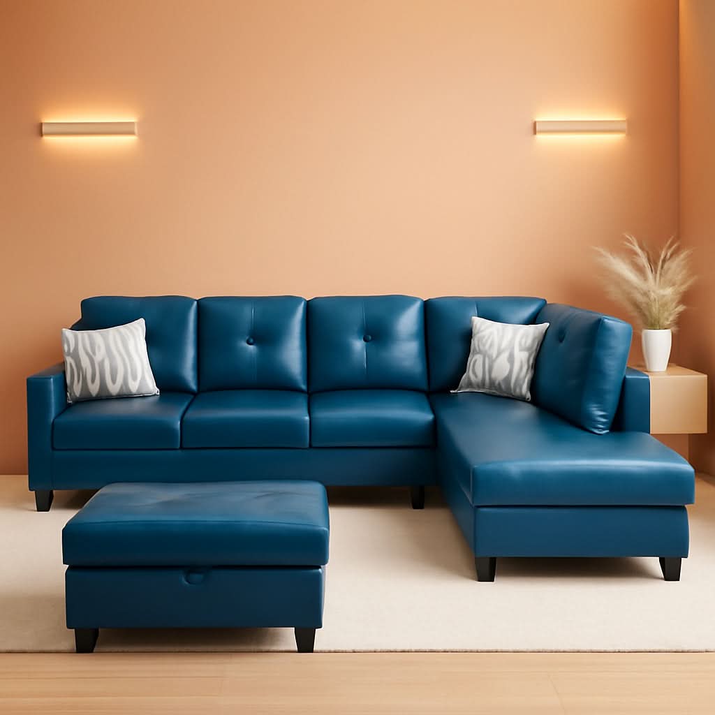 L Shaped 3 Piece PU Leather Sofa Set Peacock Blue Ottoman