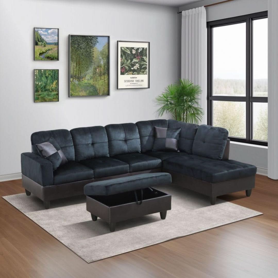 L Shaped 3 Piece Sofa Set With Storage Ottoman Dark Blue