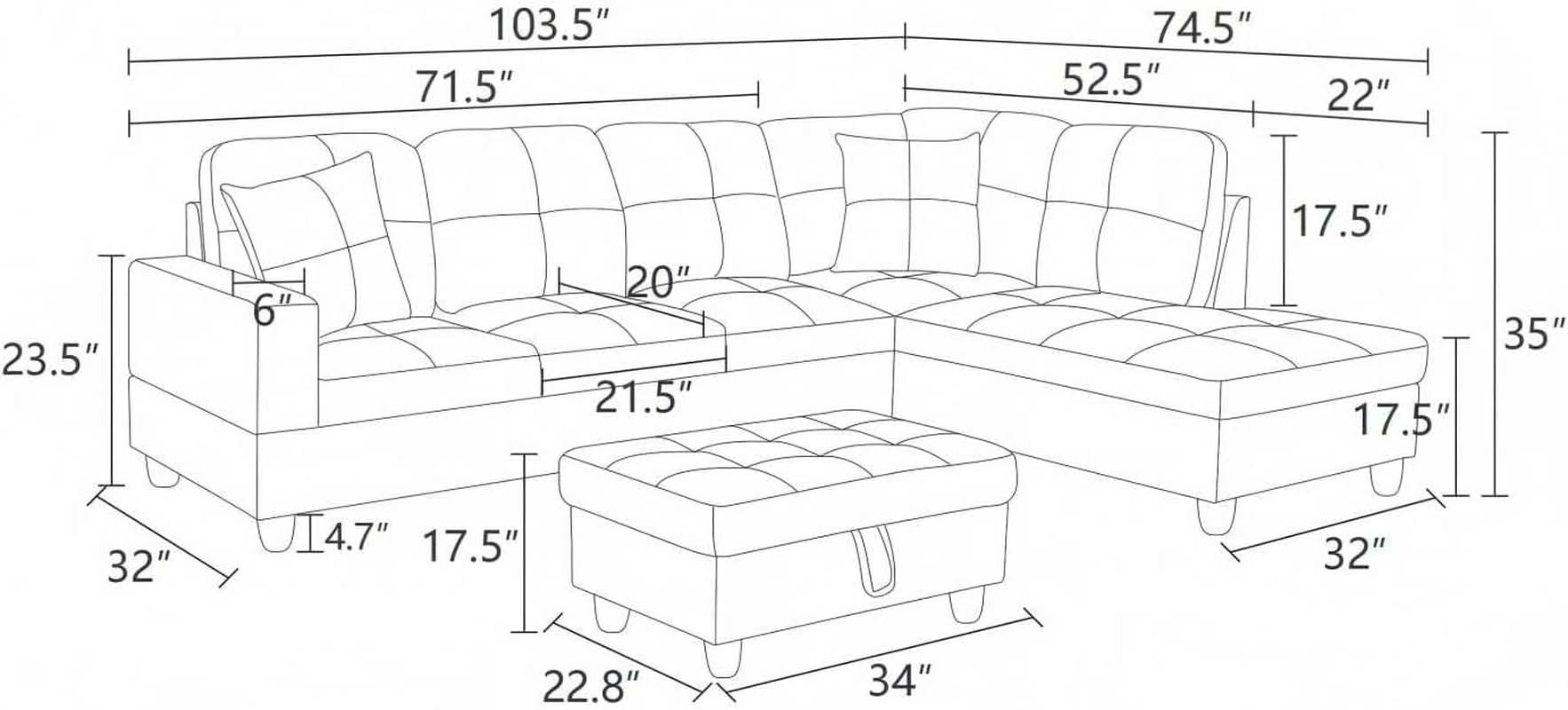 L Shaped 3 Piece Sofa Set With Storage Ottoman Dark Blue
