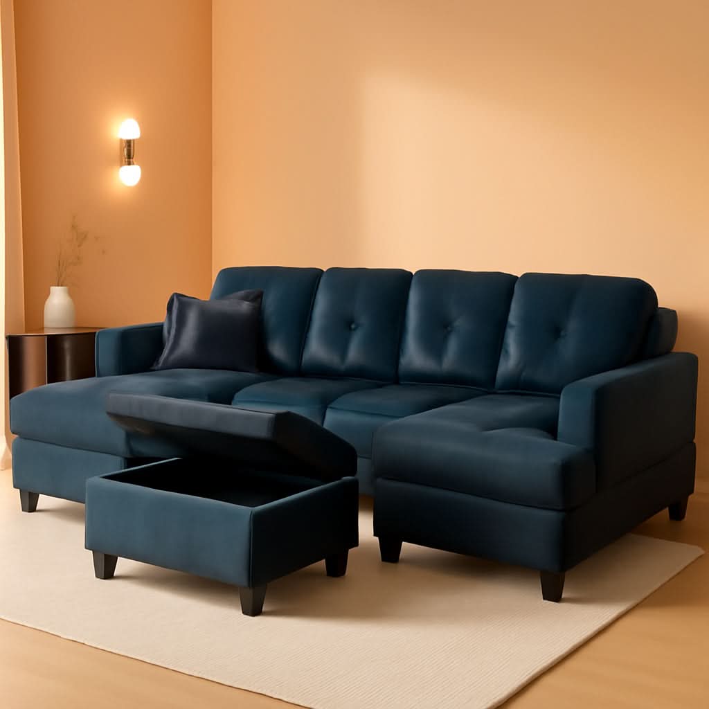 L Shaped 3 Piece Sofa Set With Storage Ottoman Dark Blue