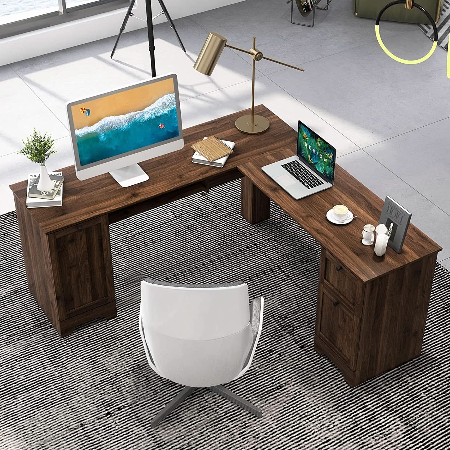 L Shaped 57 Inch Desk With Storage And Keyboard Tray