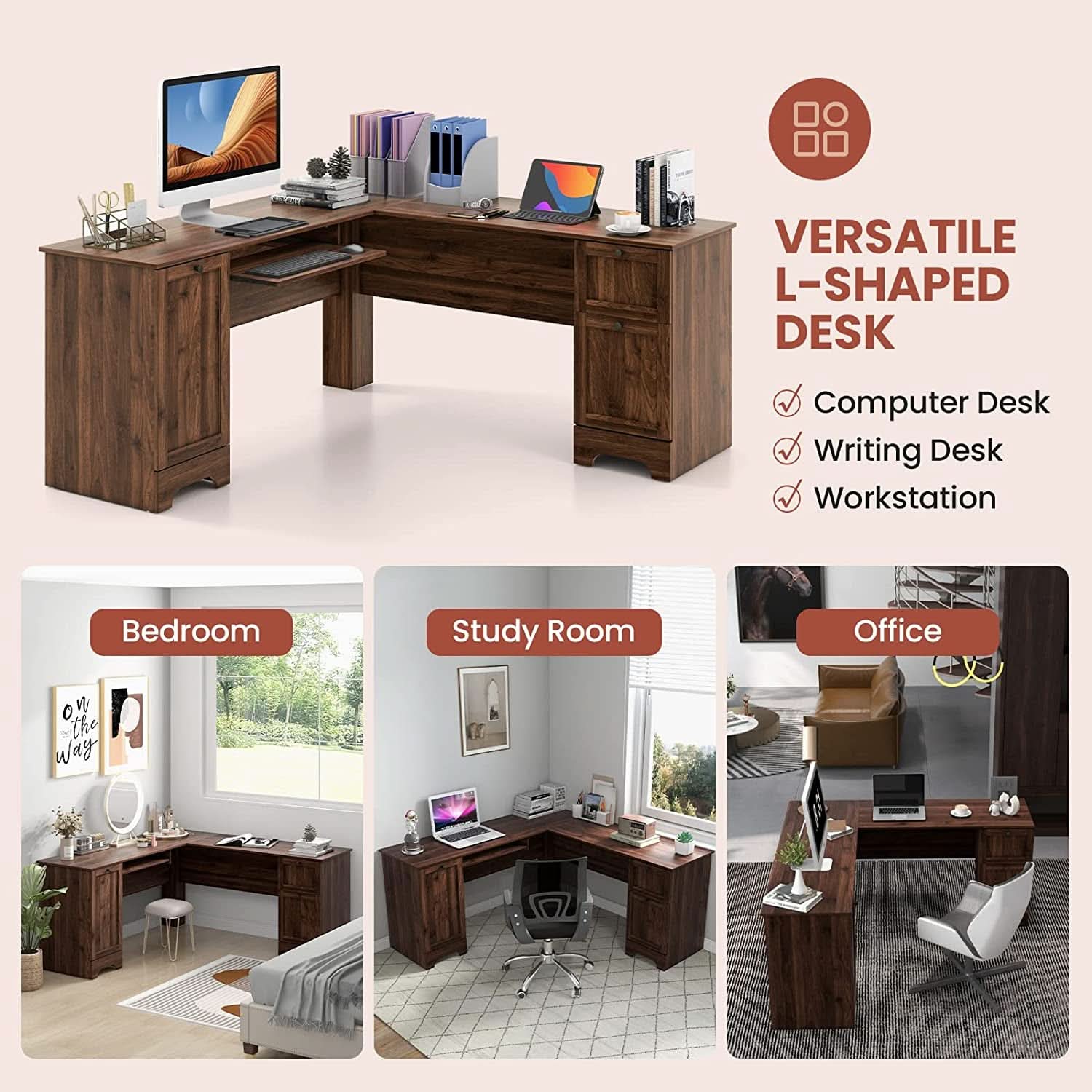 L Shaped 57 Inch Desk With Storage And Keyboard Tray