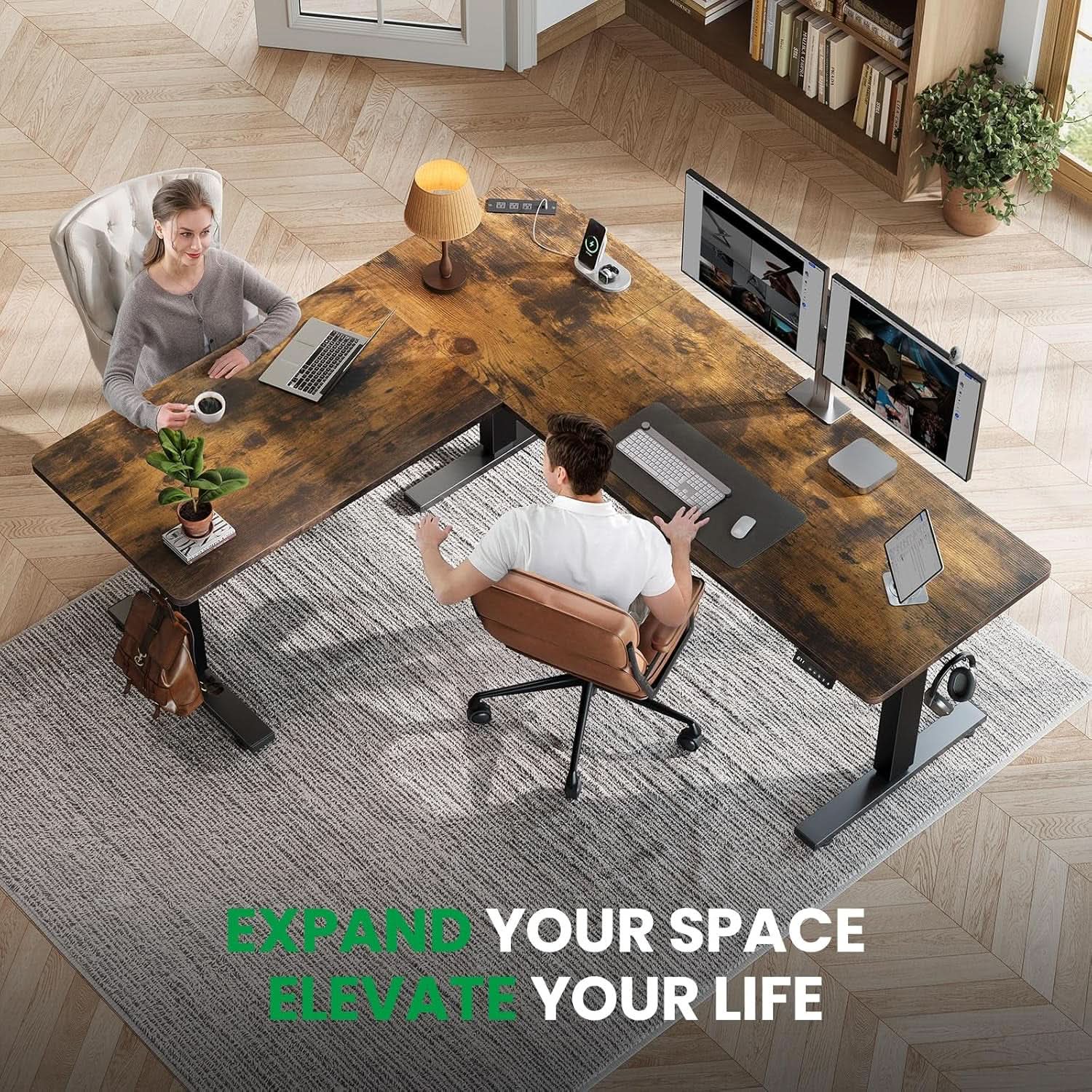 L Shaped Adjustable Standing Desk with Charging Station