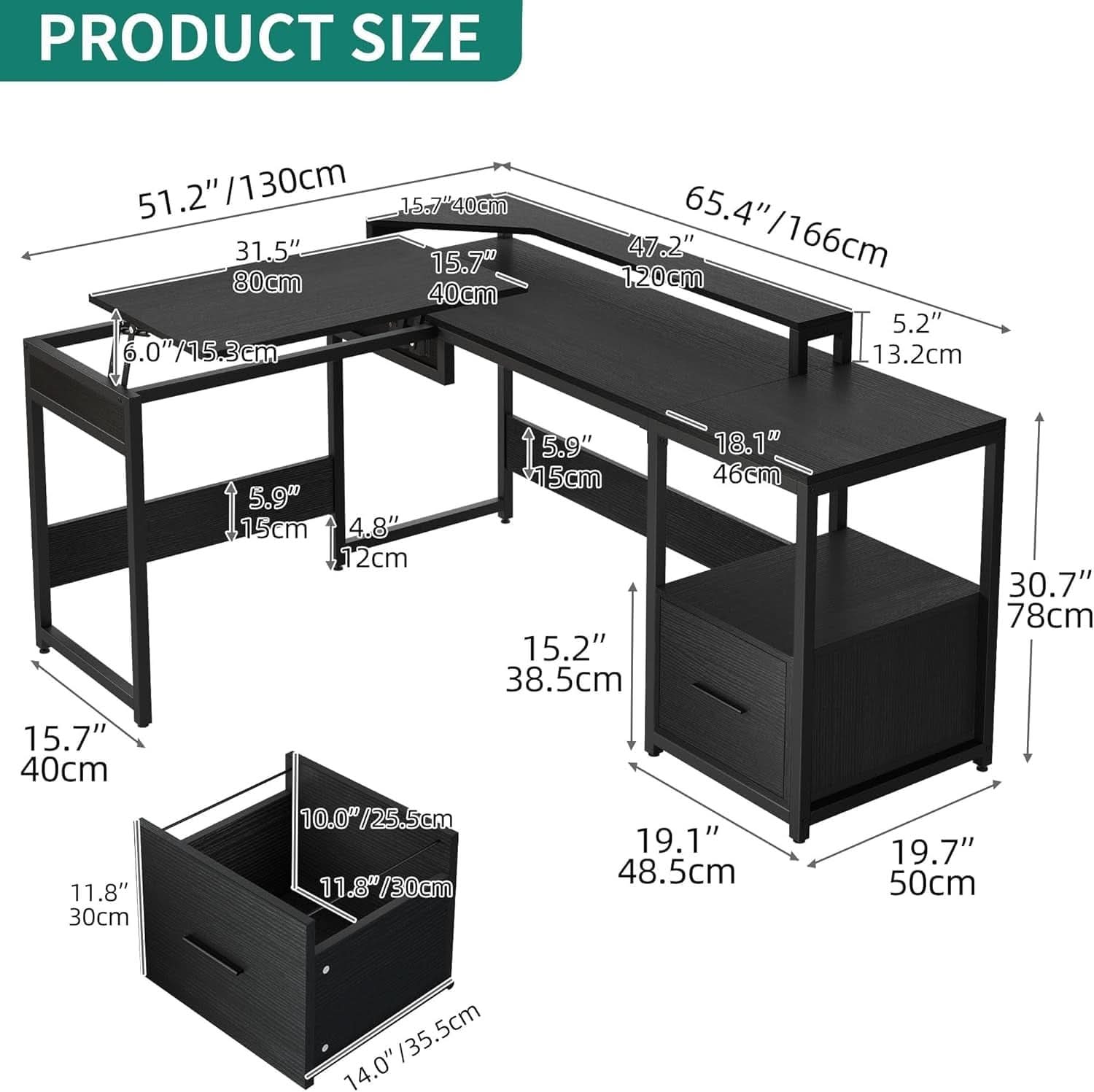 L Shaped Adjustable Standing Desk with File Drawer