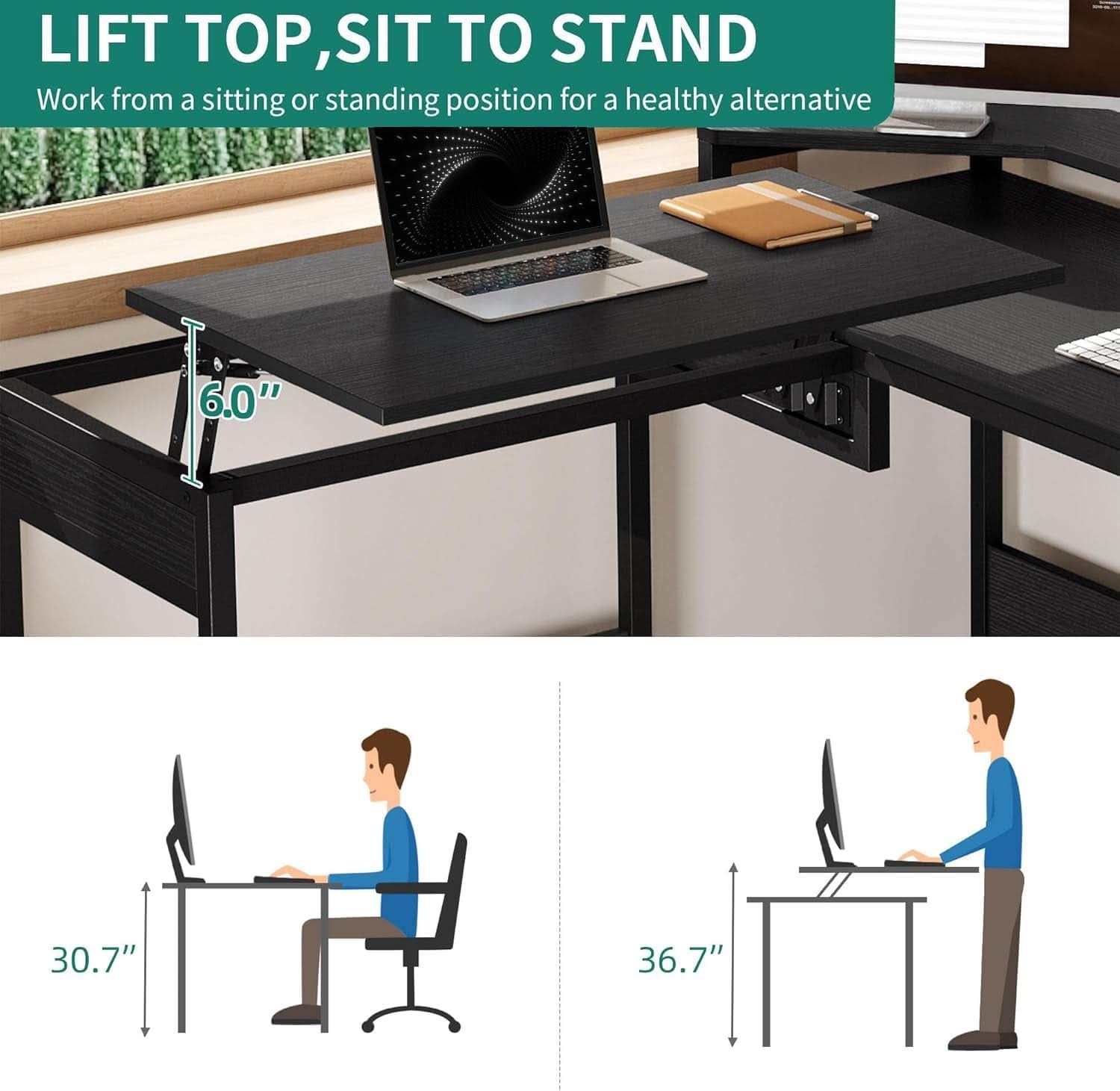 L Shaped Adjustable Standing Desk with File Drawer