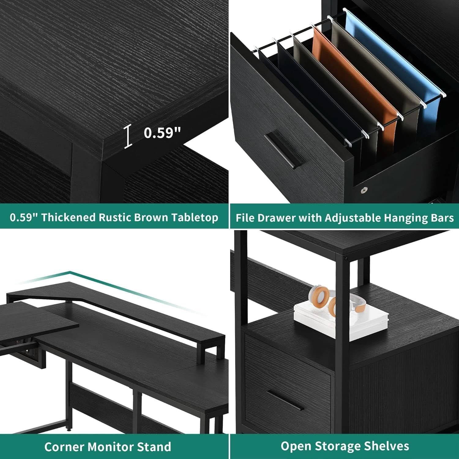 L Shaped Adjustable Standing Desk with File Drawer