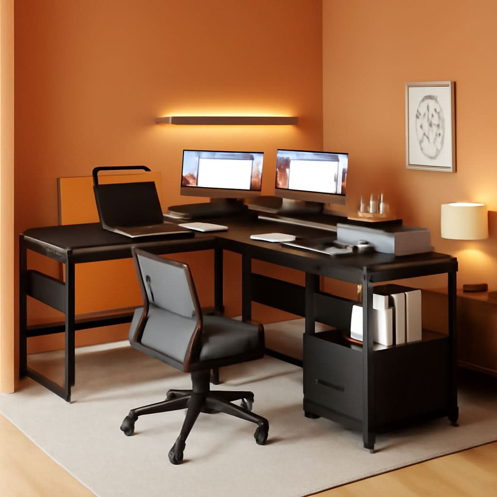 L Shaped Adjustable Standing Desk with File Drawer