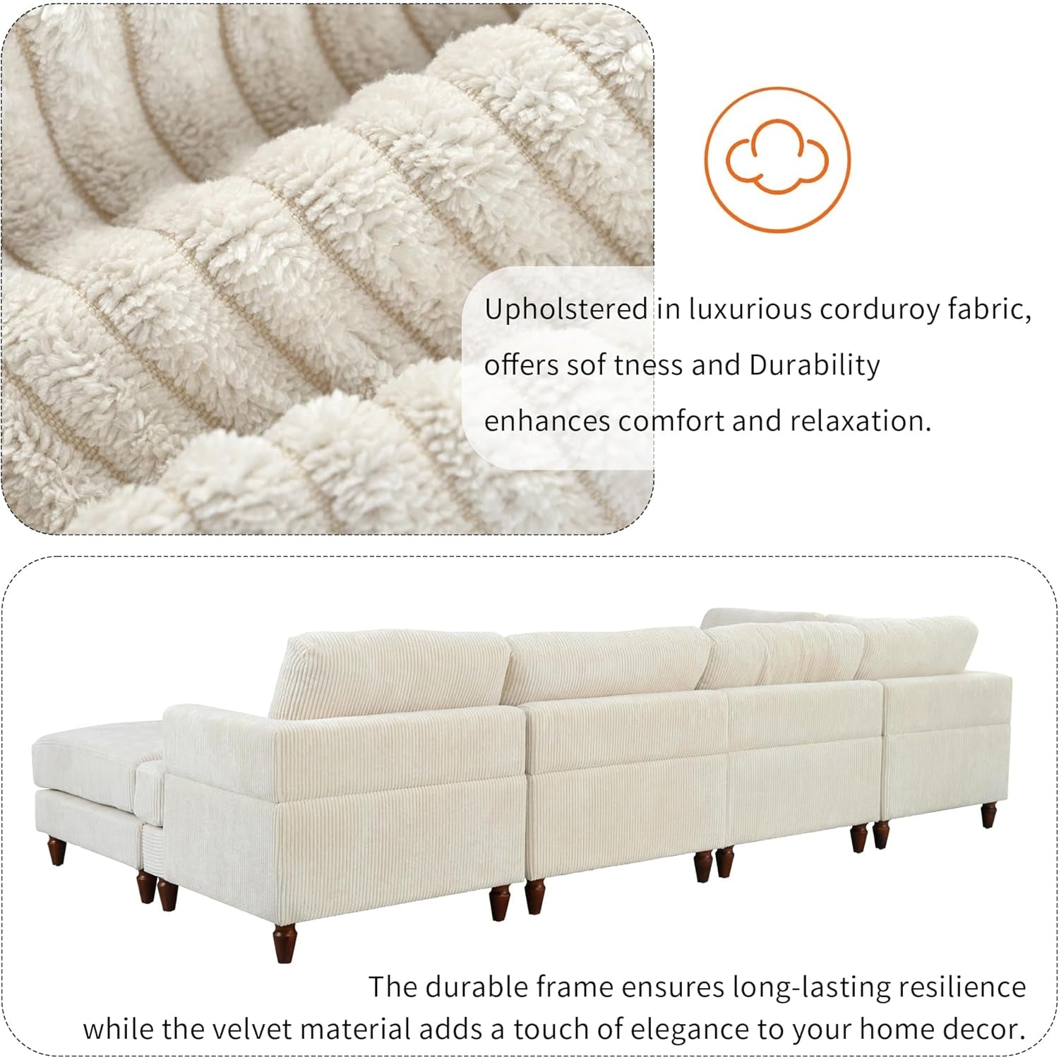 L Shaped Beige Corduroy Sectional Sofa With Ottoman