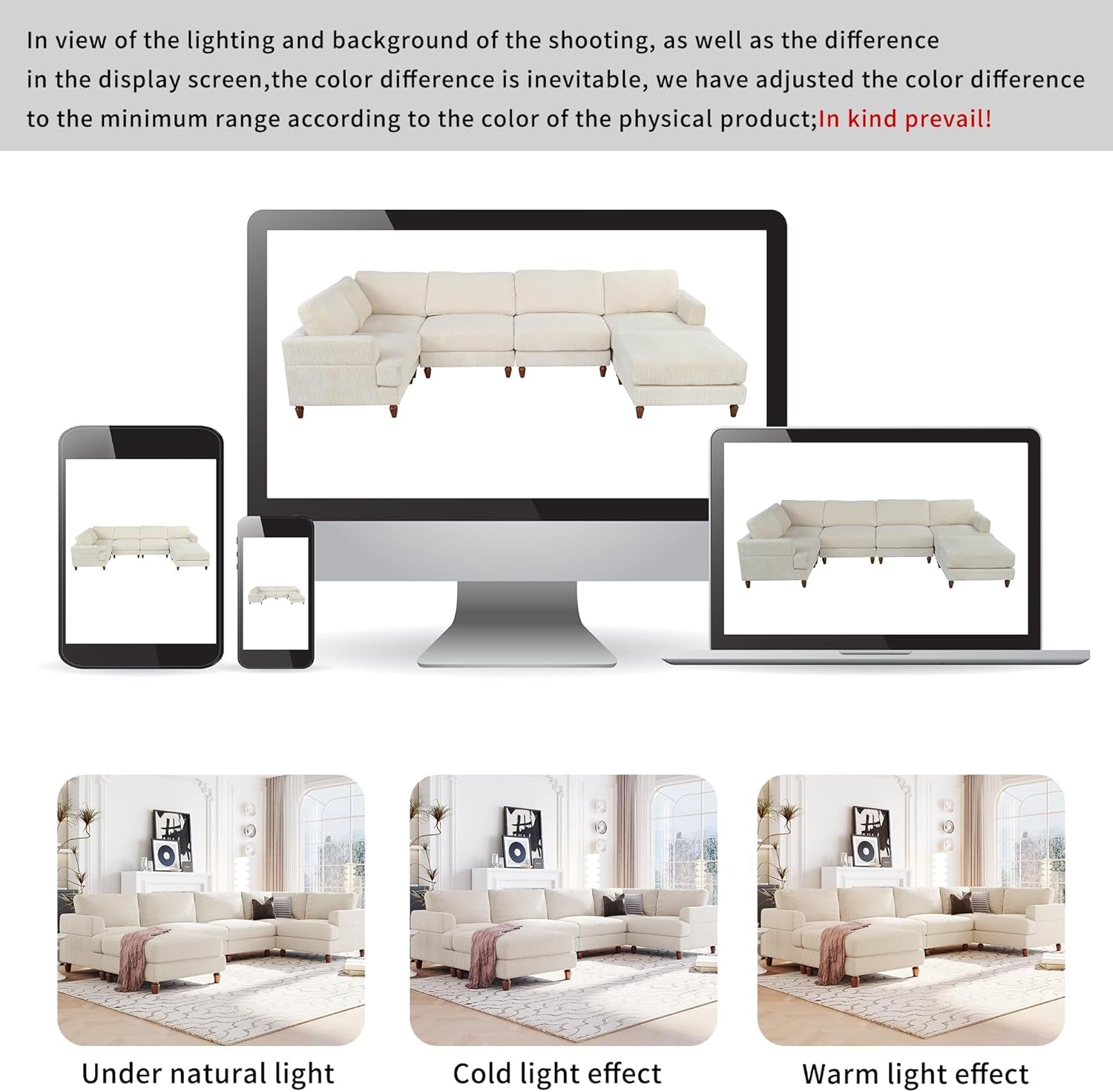 L Shaped Beige Corduroy Sectional Sofa With Ottoman