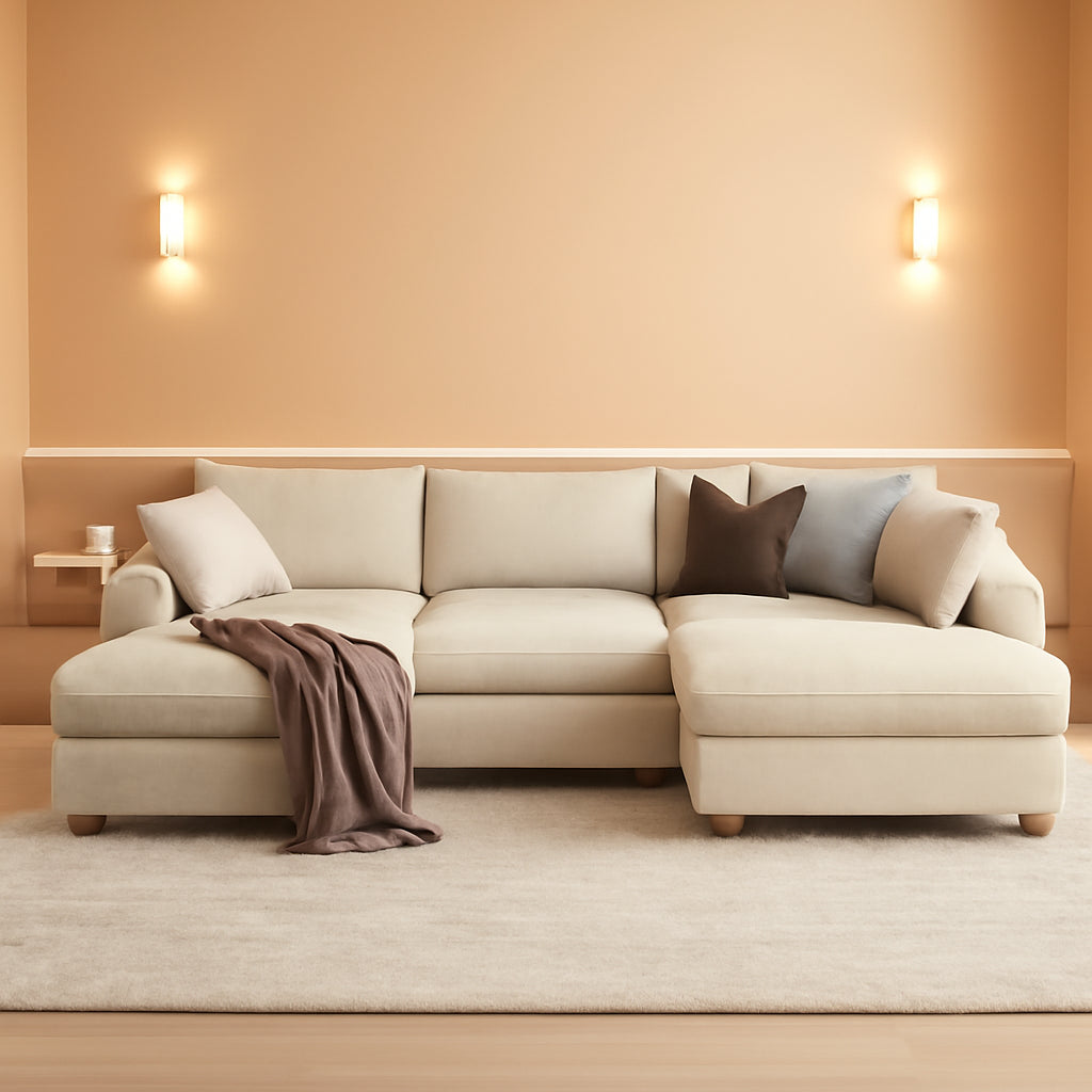 L Shaped Beige Corduroy Sectional Sofa With Ottoman