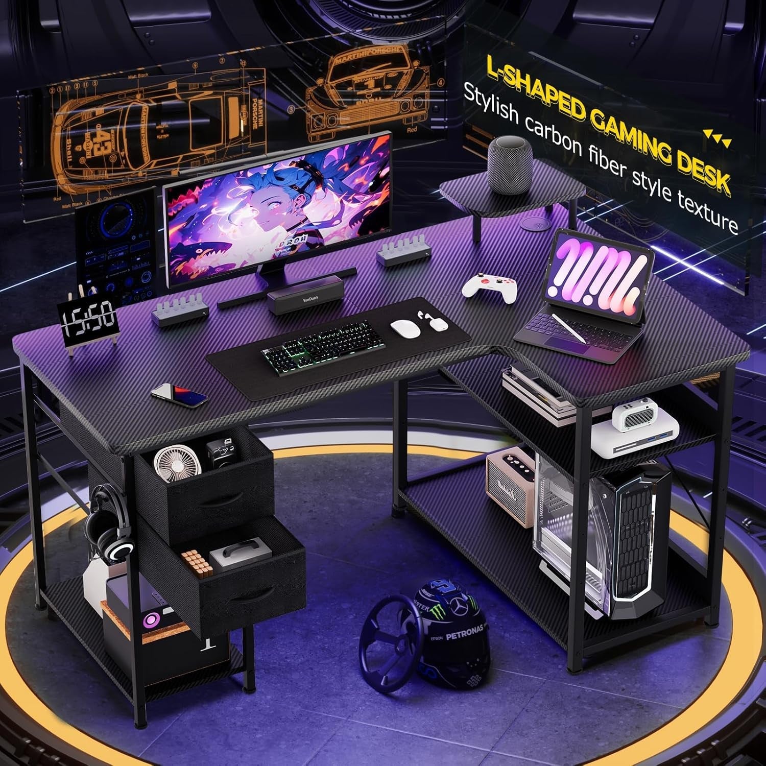 L Shaped Carbon Fiber Gaming Desk with Adjustable Shelf