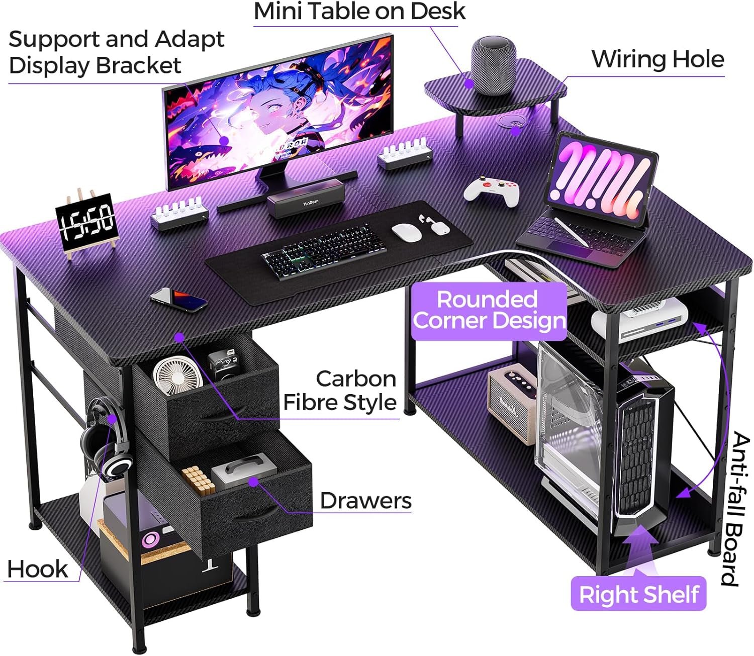 L Shaped Carbon Fiber Gaming Desk with Adjustable Shelf