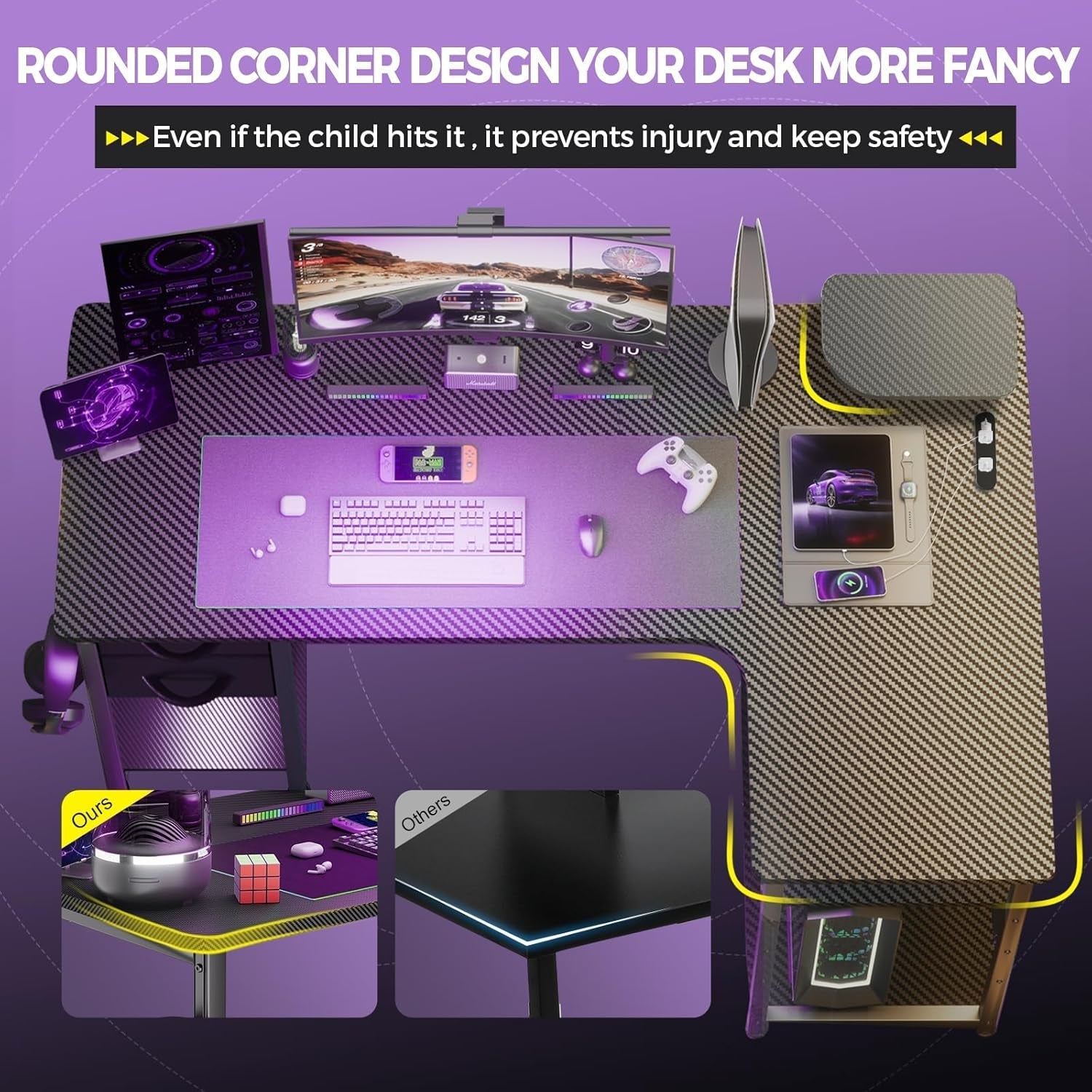 L Shaped Carbon Fiber Gaming Desk with Adjustable Shelf