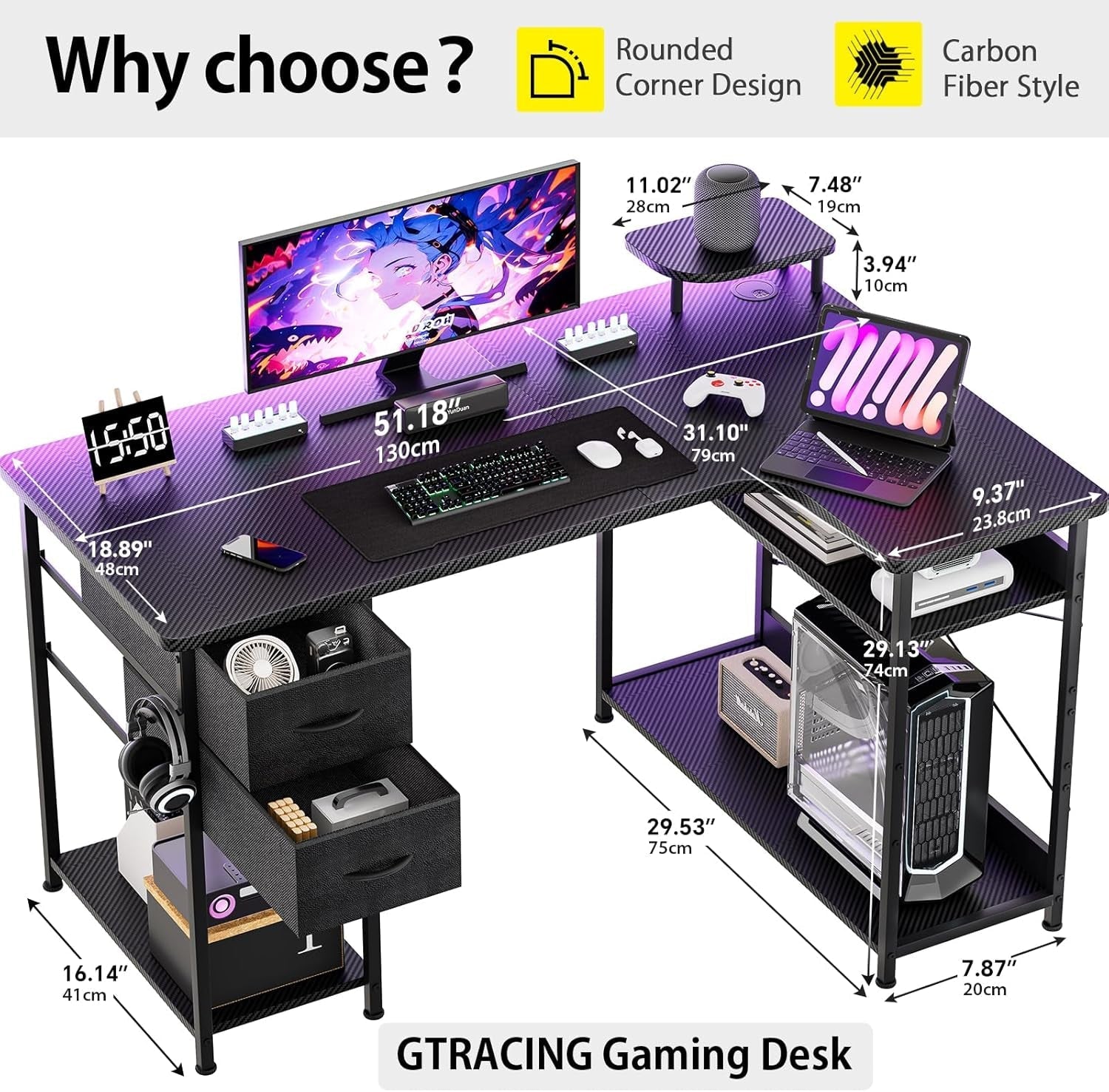 L Shaped Carbon Fiber Gaming Desk with Adjustable Shelf