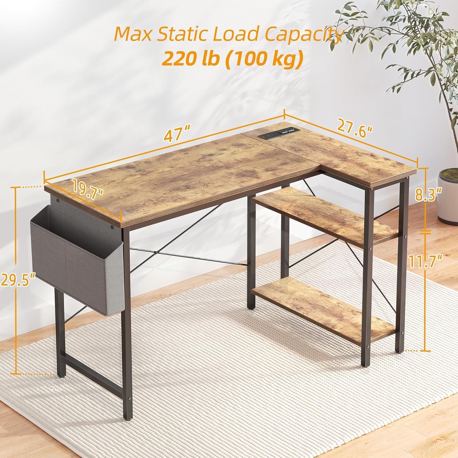 L Shaped Compact Computer Desk 47 Inch With Power Outlets