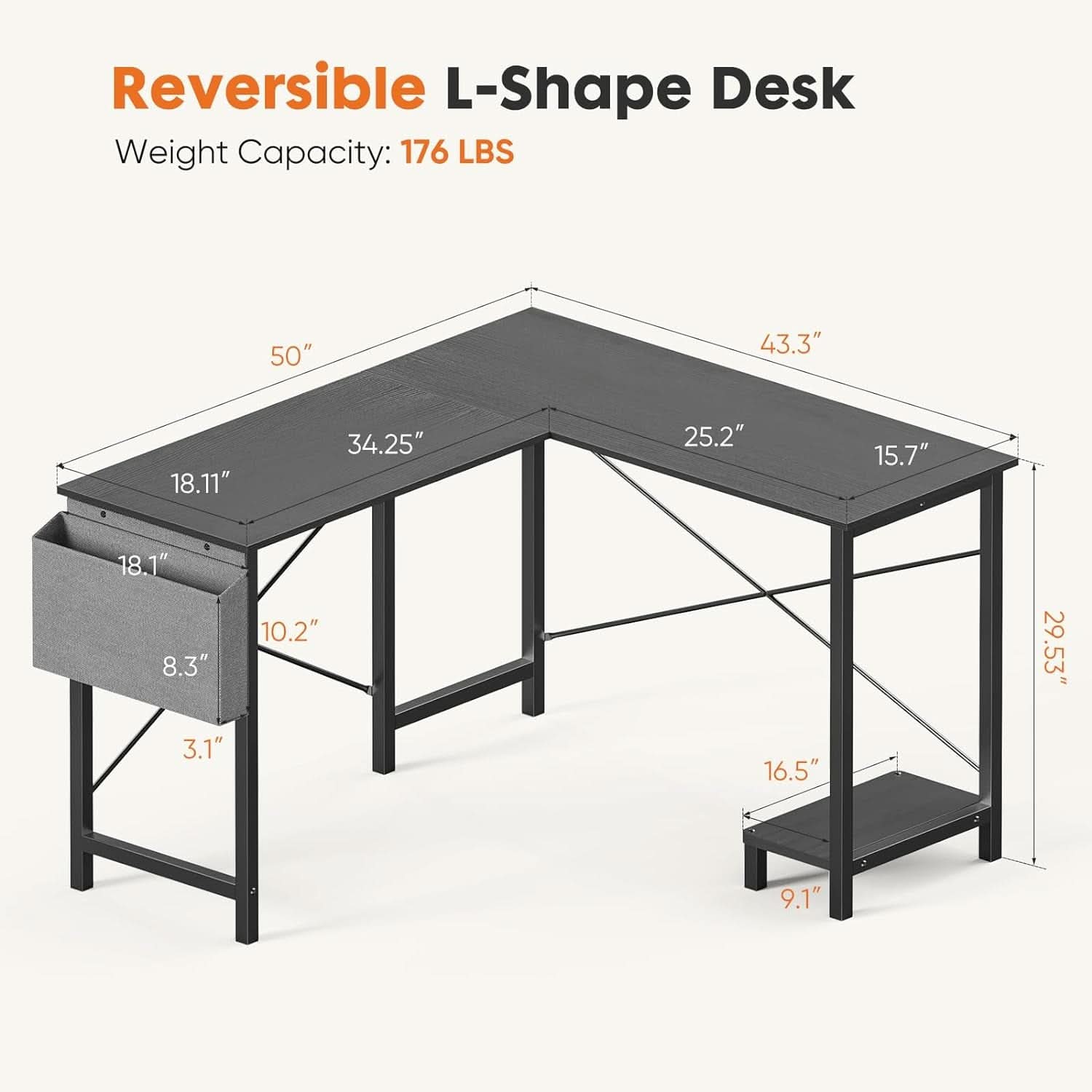 L Shaped Computer Desk 50 Inch Black Corner Home Office