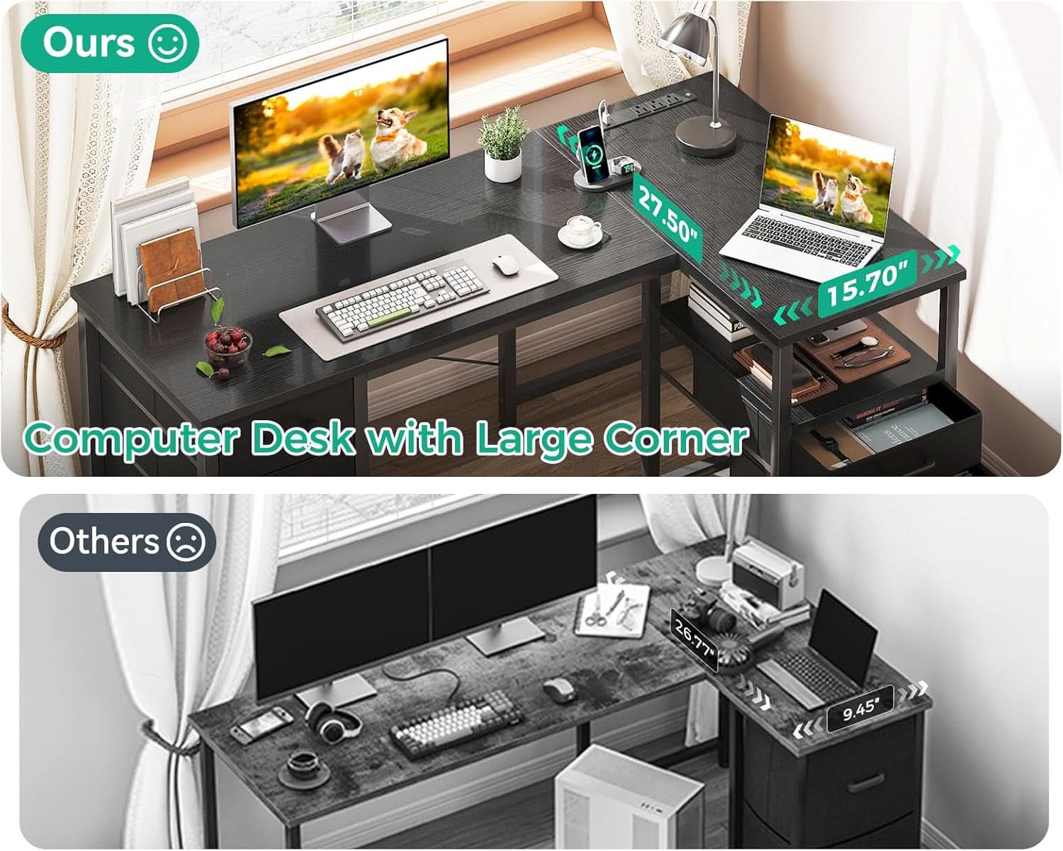 L Shaped Computer Desk 55 Inch With 6 Drawers Home Office