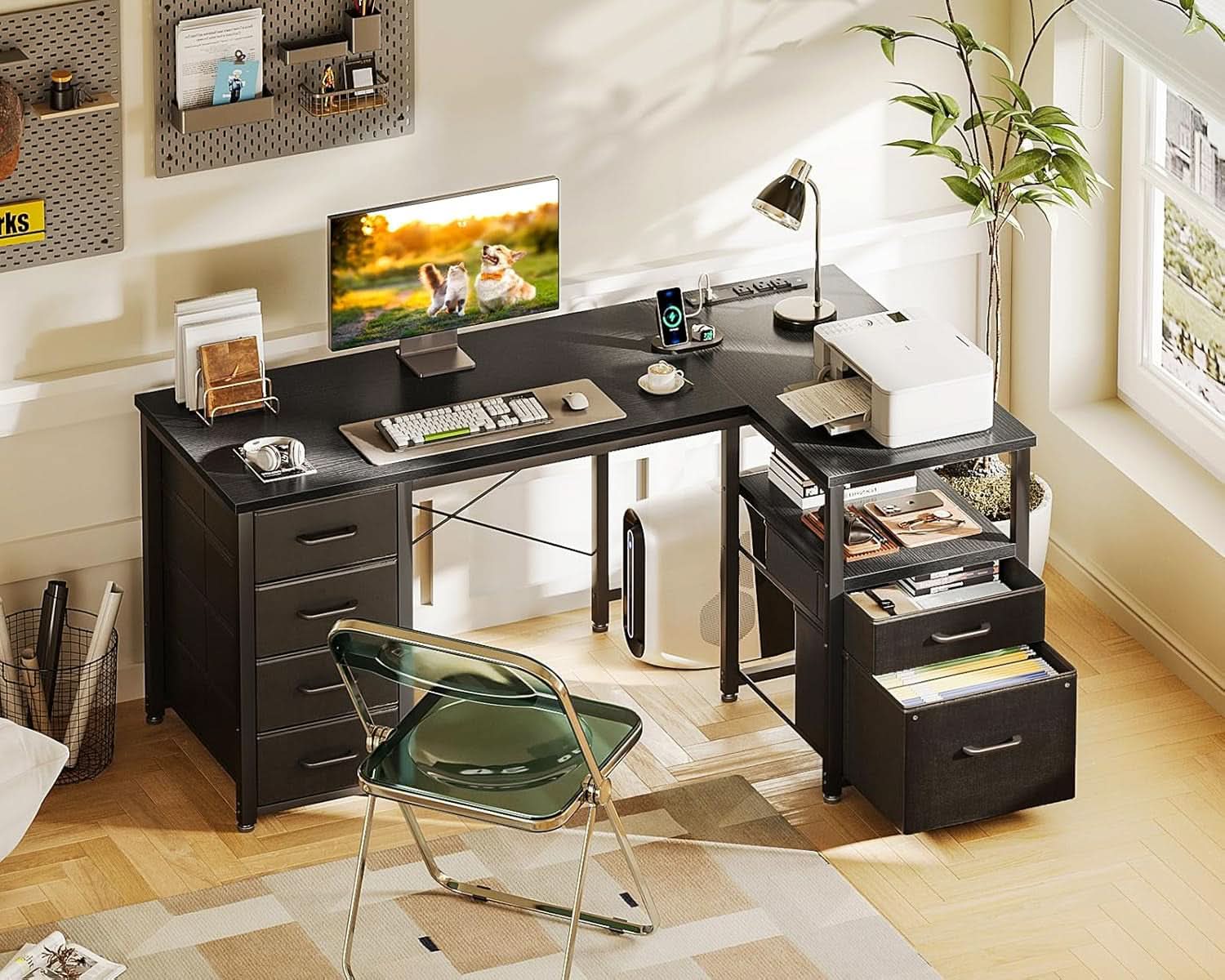 L Shaped Computer Desk 55 Inch With 6 Drawers Home Office
