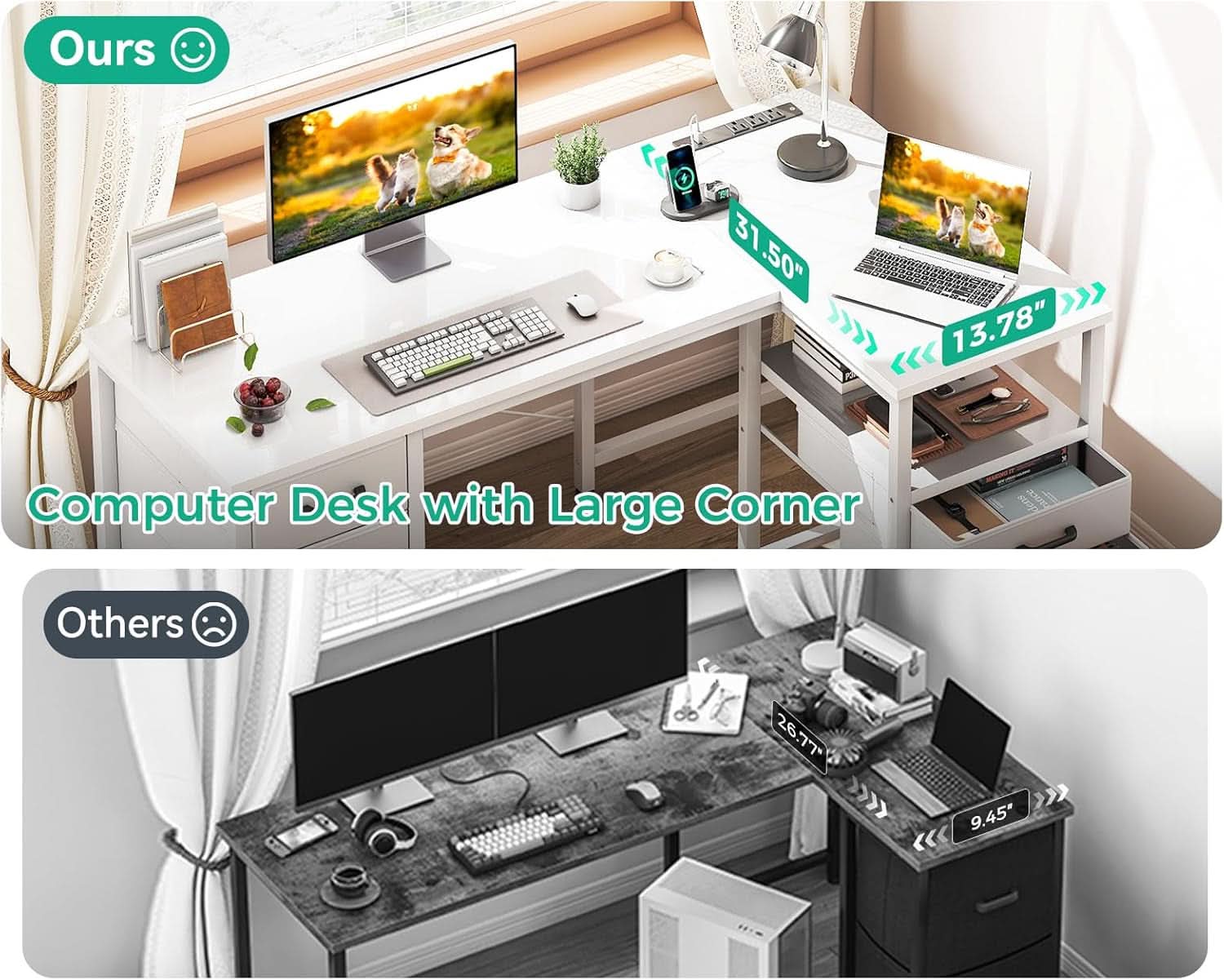 L Shaped Computer Desk 6 Drawers Power Outlet 55In White